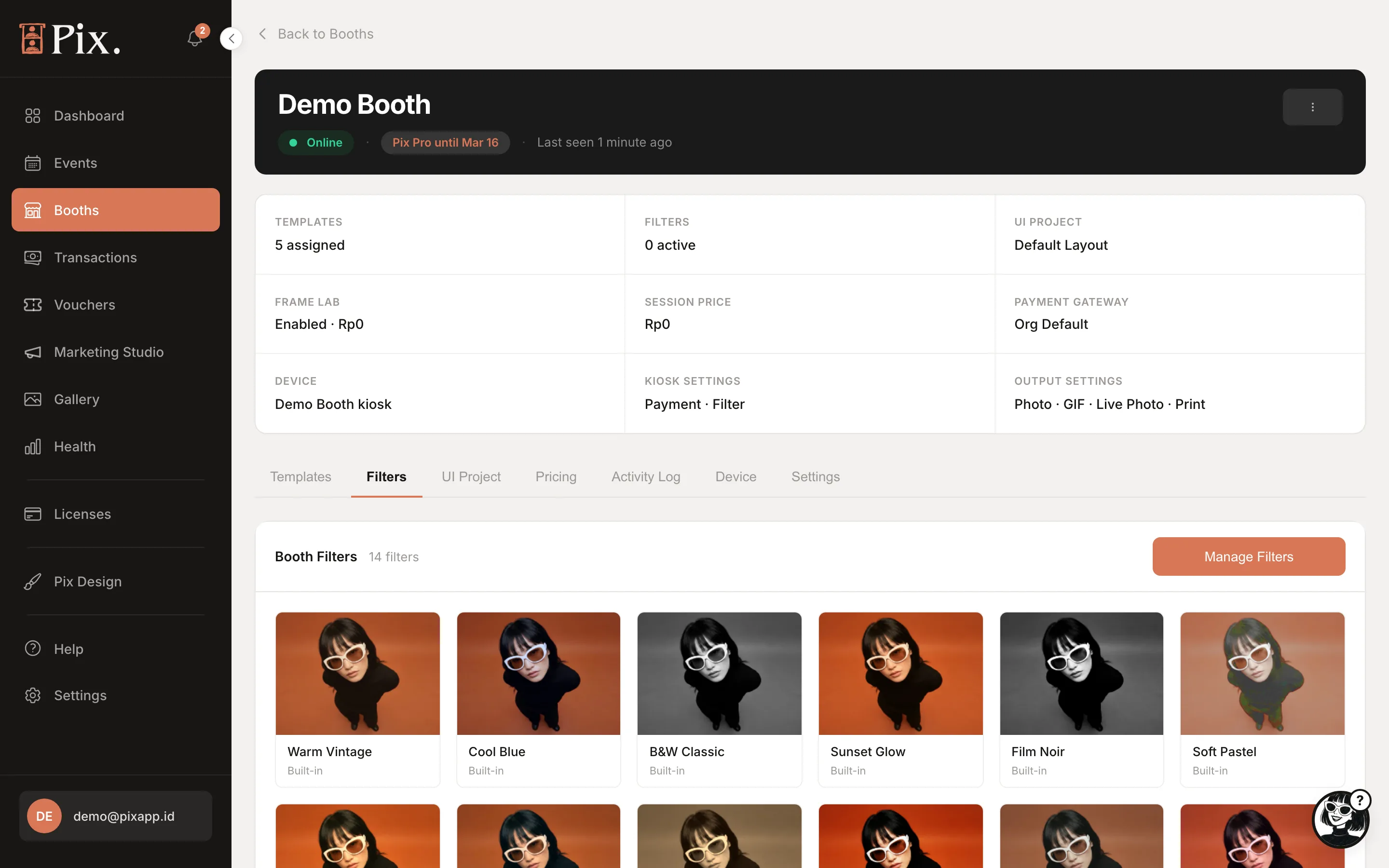 Booth Filters tab: Booth Filters, Manage Filters