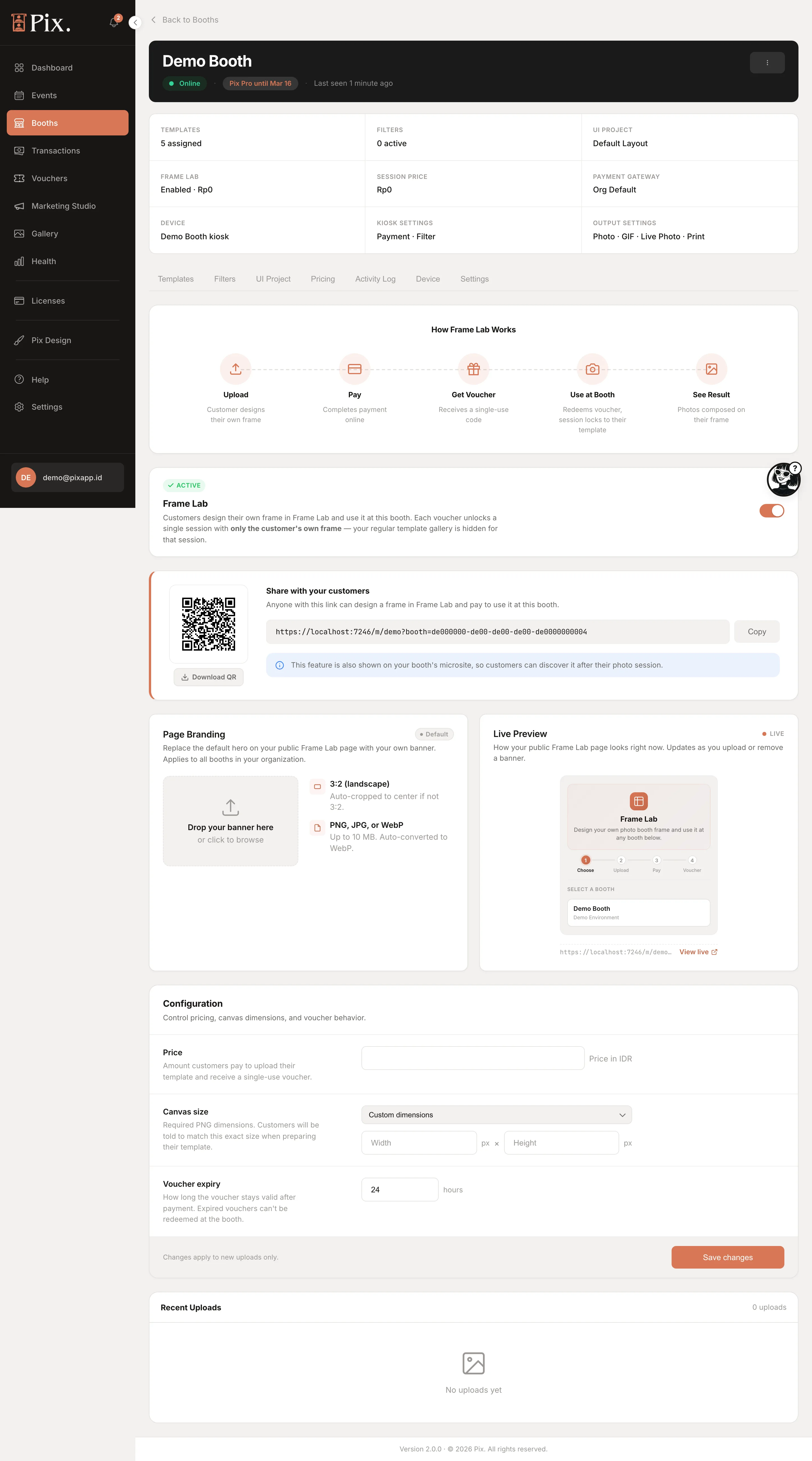 Booth Frame Lab page with the guest link, Download QR and the configuration card