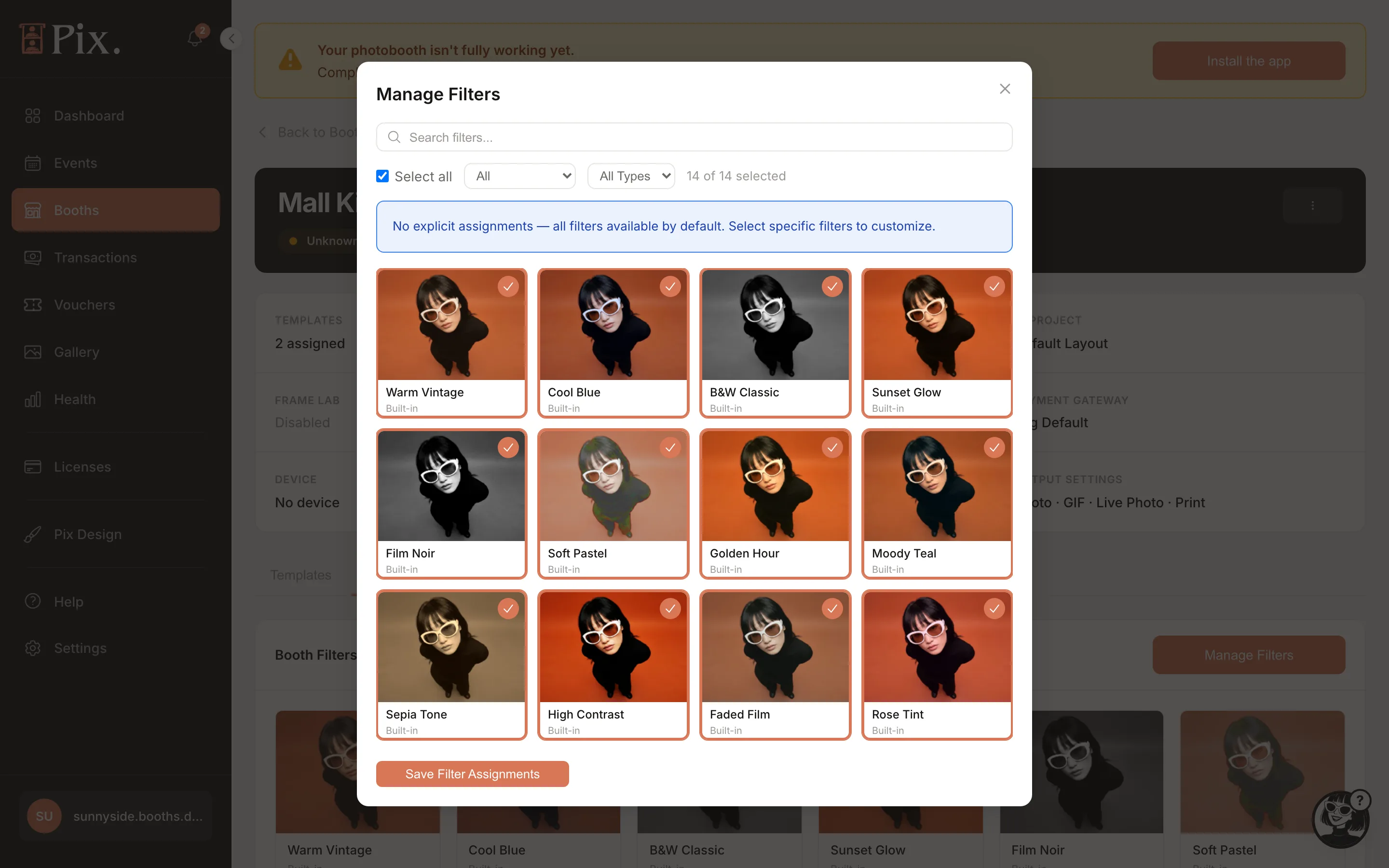 Manage Filters modal with Select all, Assigned and Not Assigned, All Types and Custom