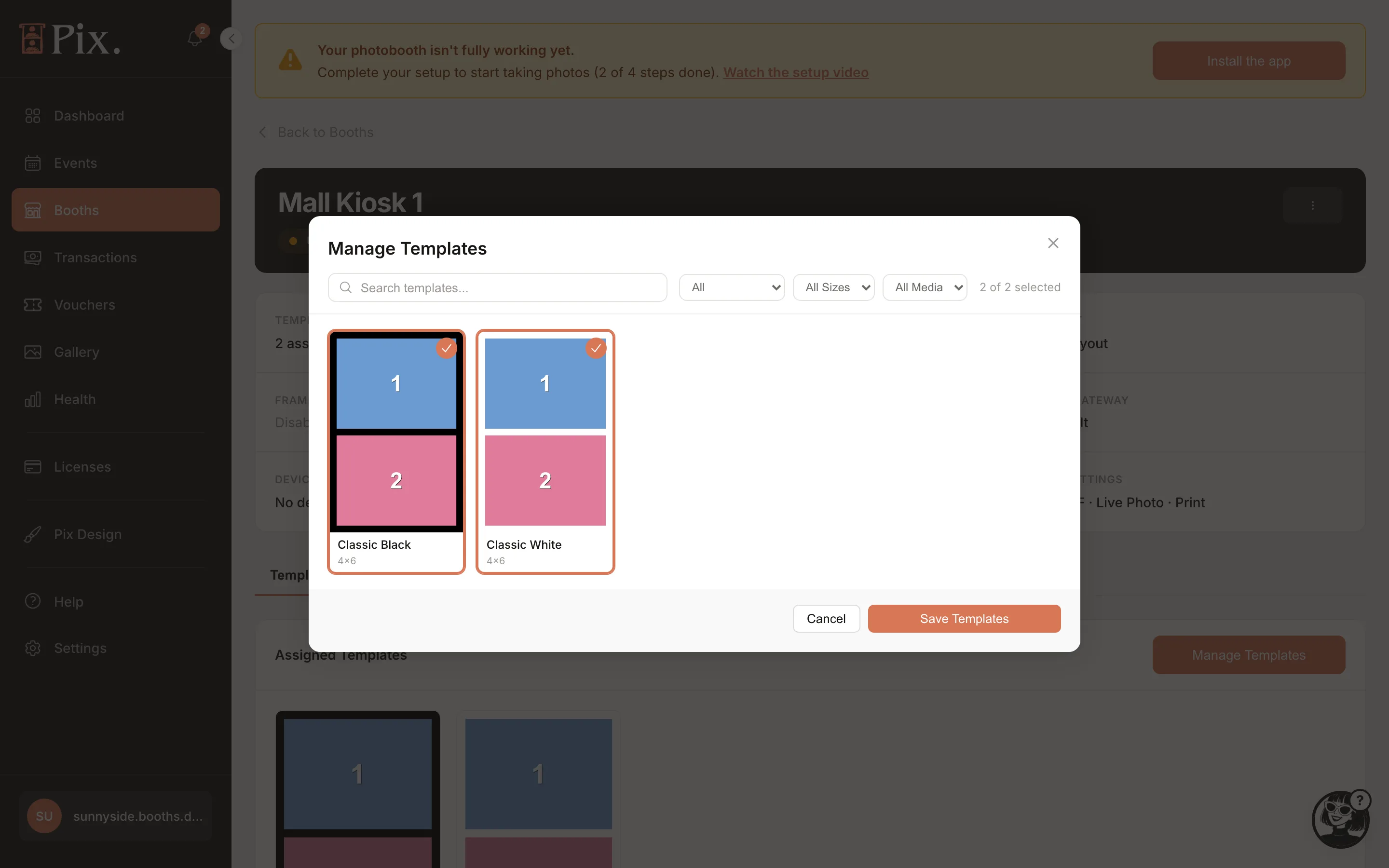 Manage Templates modal on a booth: Assigned and Not Assigned, sizes, media, Save Templates