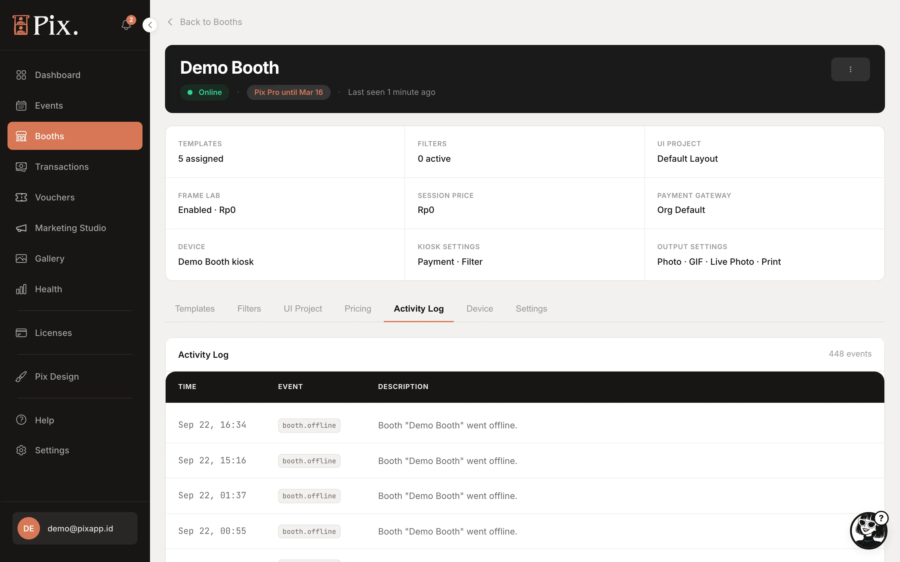 Booth page of a paired Pix Pro booth: Online status, Pix Pro until, property grid and tabs