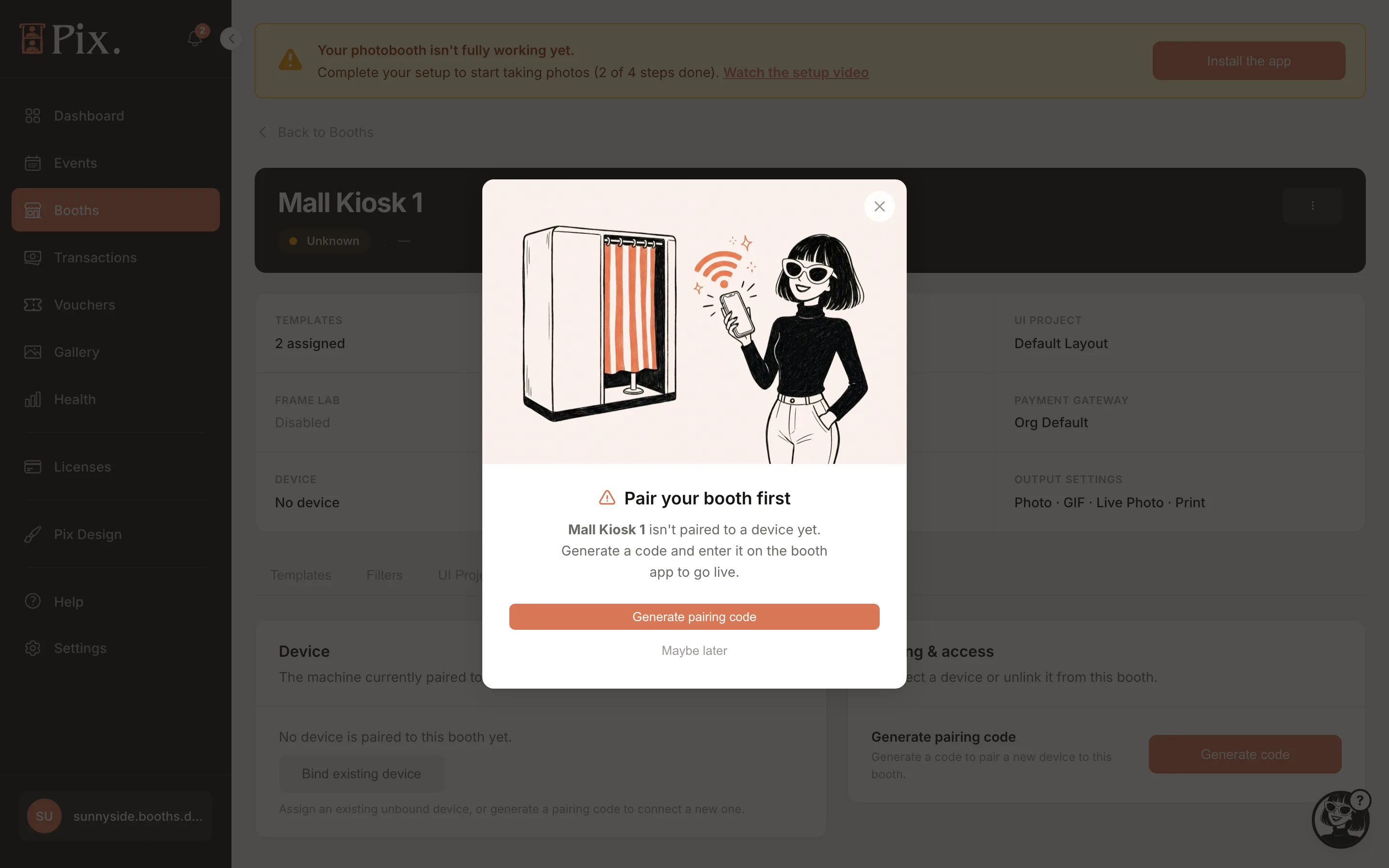 Pair your booth first popup on an unpaired booth with Generate pairing code