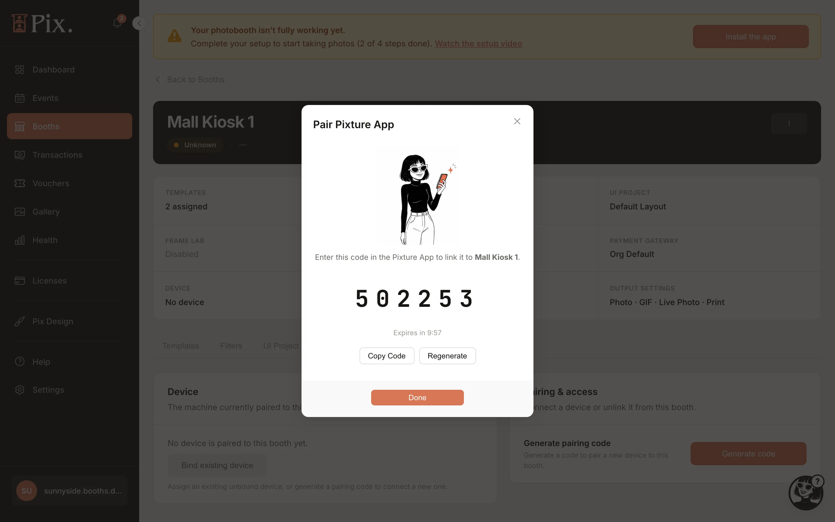 Pair Pixture App modal showing the 6-digit code, Expires in, Copy Code, Regenerate, Done