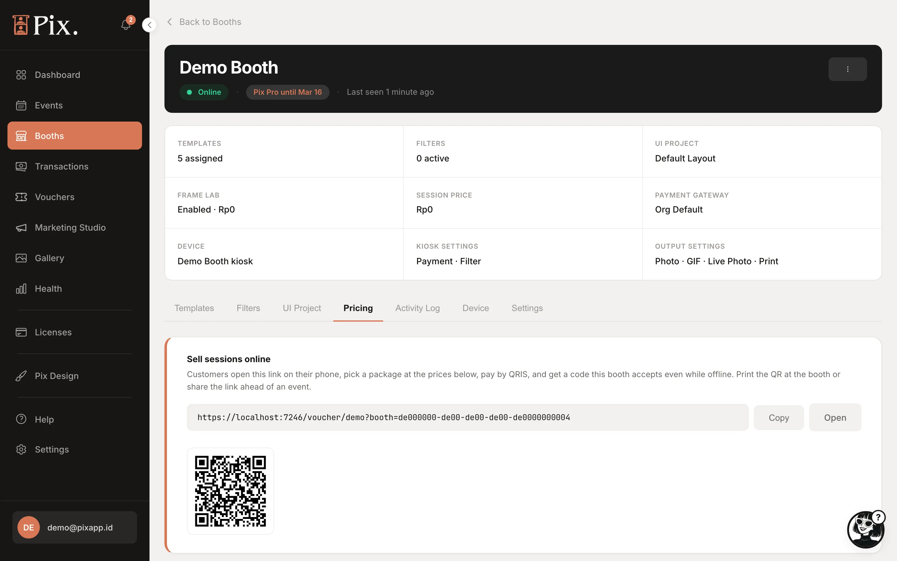 Booth Pricing tab, top: Sell sessions online card with the link, Copy, Open and a QR code