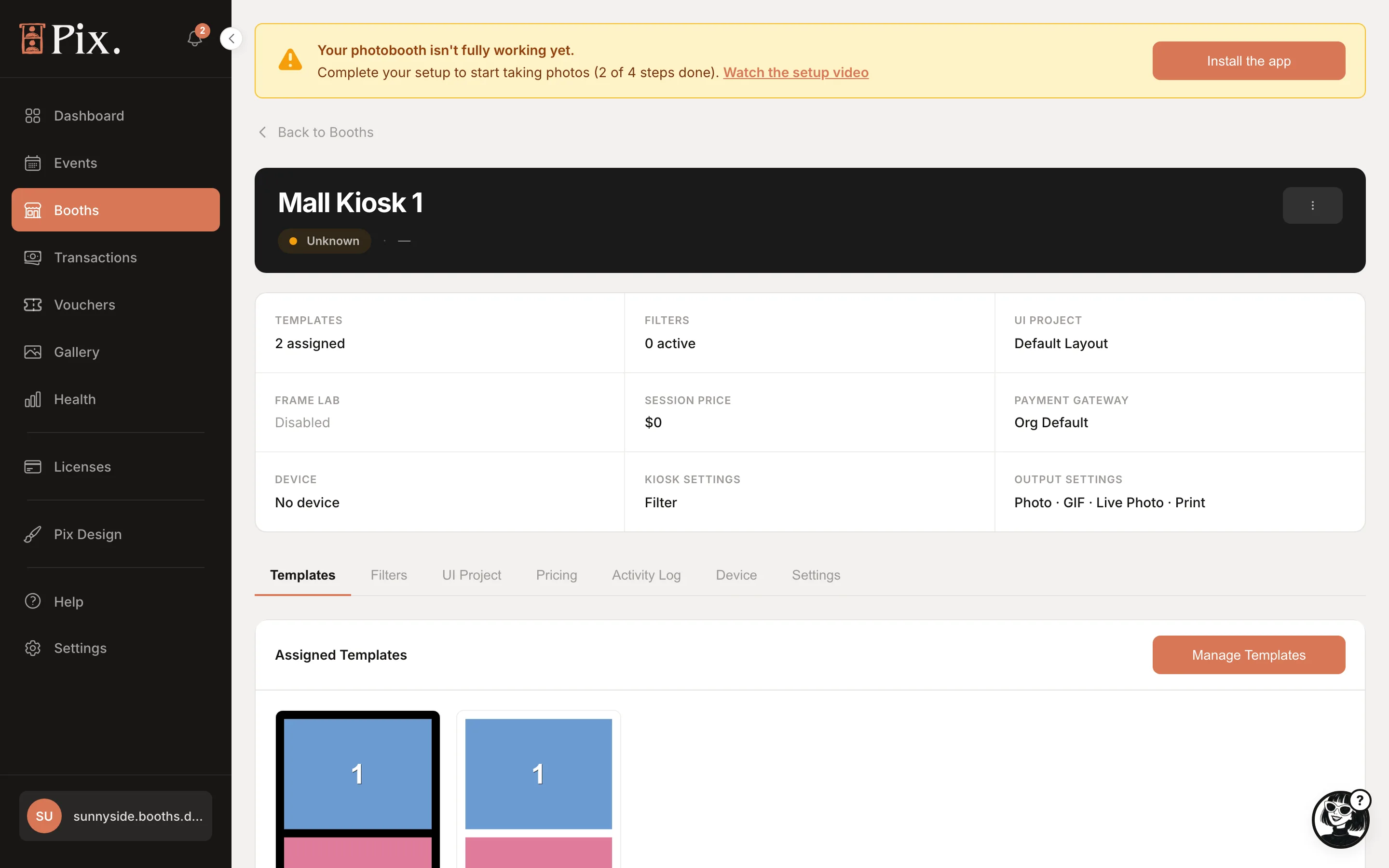 Booth Templates tab: Assigned Templates, category filter, Manage Templates