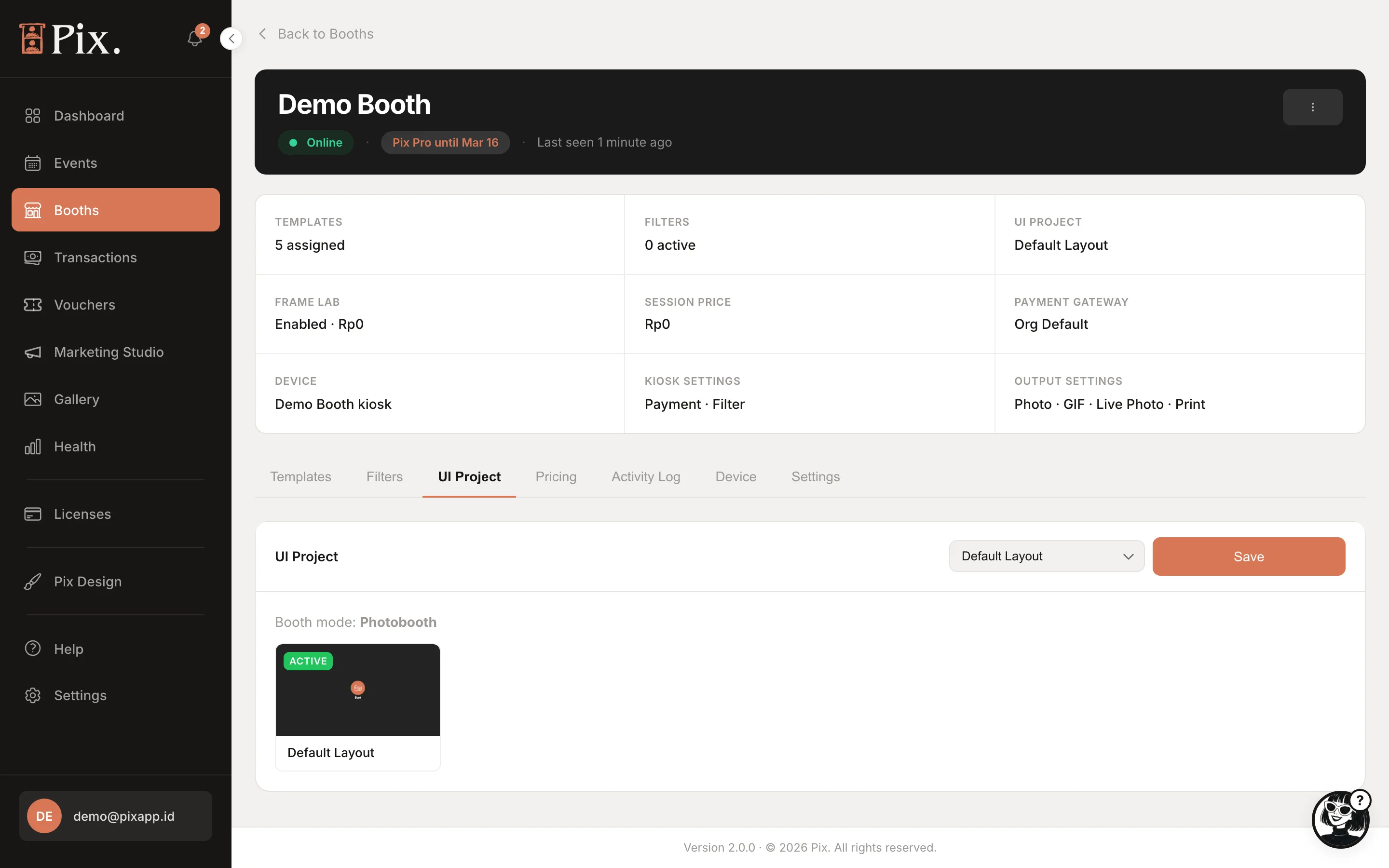 Kiosk UI Project tab: dropdown grouped by Photobooth, Studio and Simple mode, Save