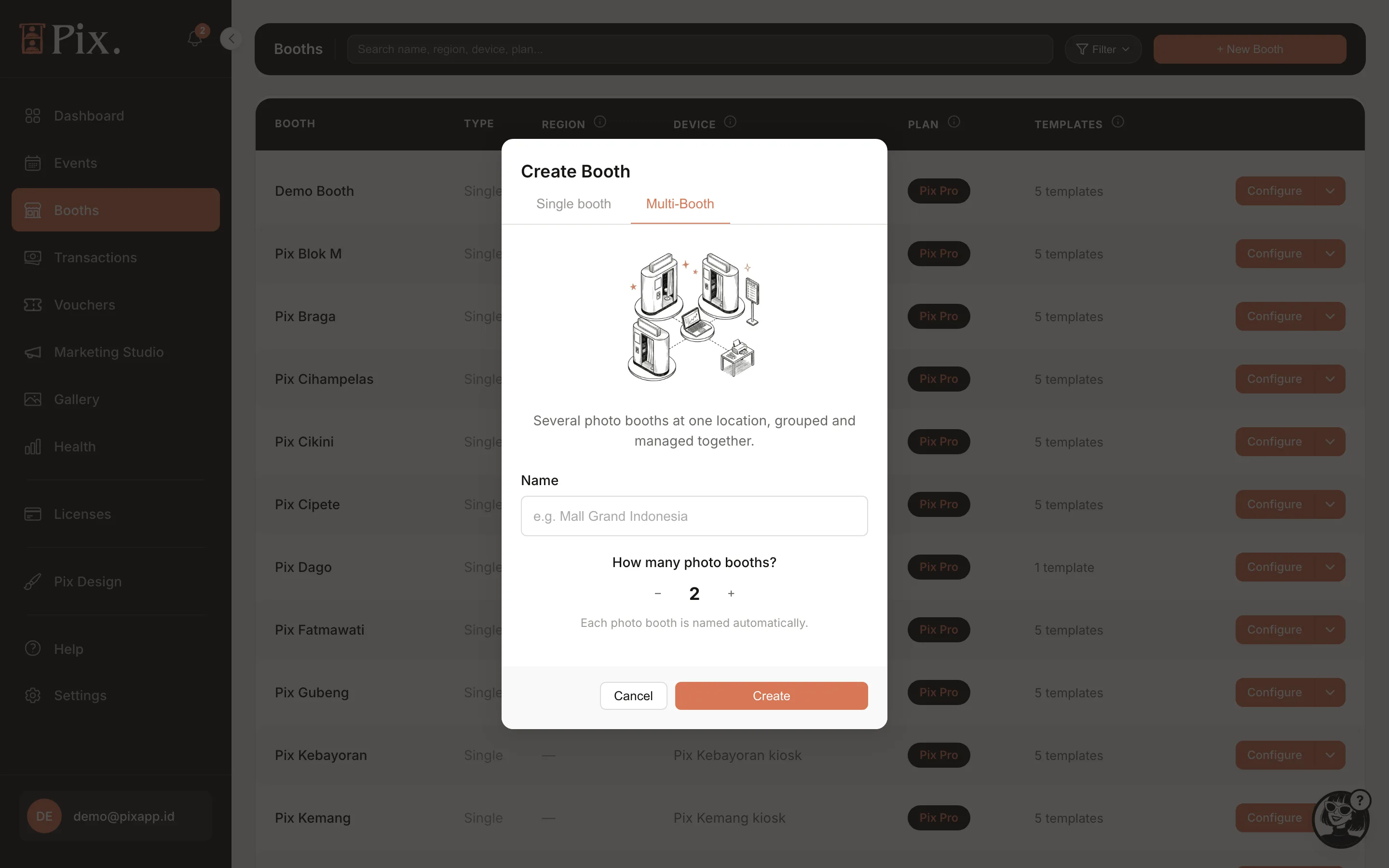 Create Booth modal, Multi-Booth tab: Name and How many photo booths