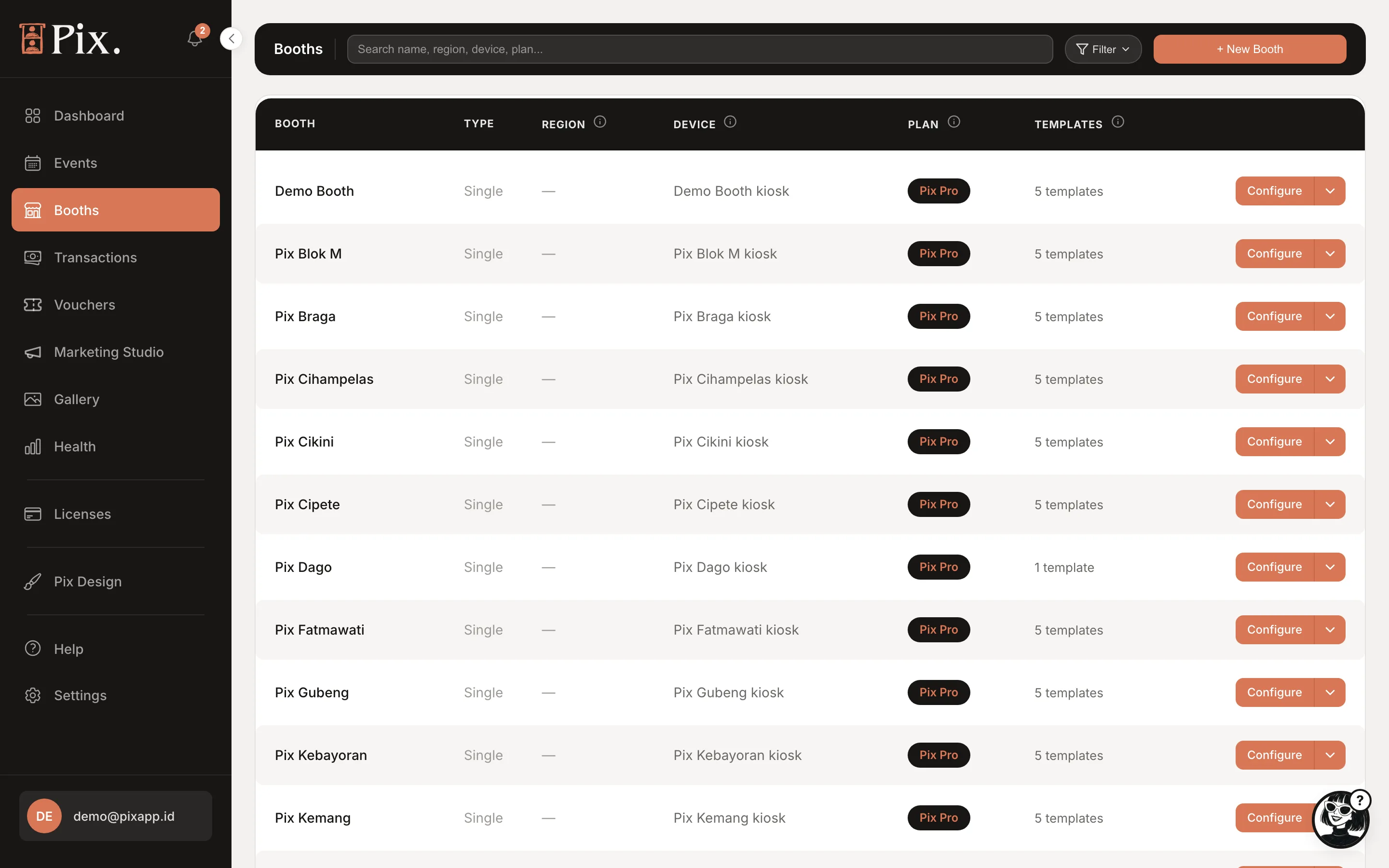 Booths page of a Pix Pro account: Booth, Type, Region, Device, Plan, Templates columns and Configure buttons