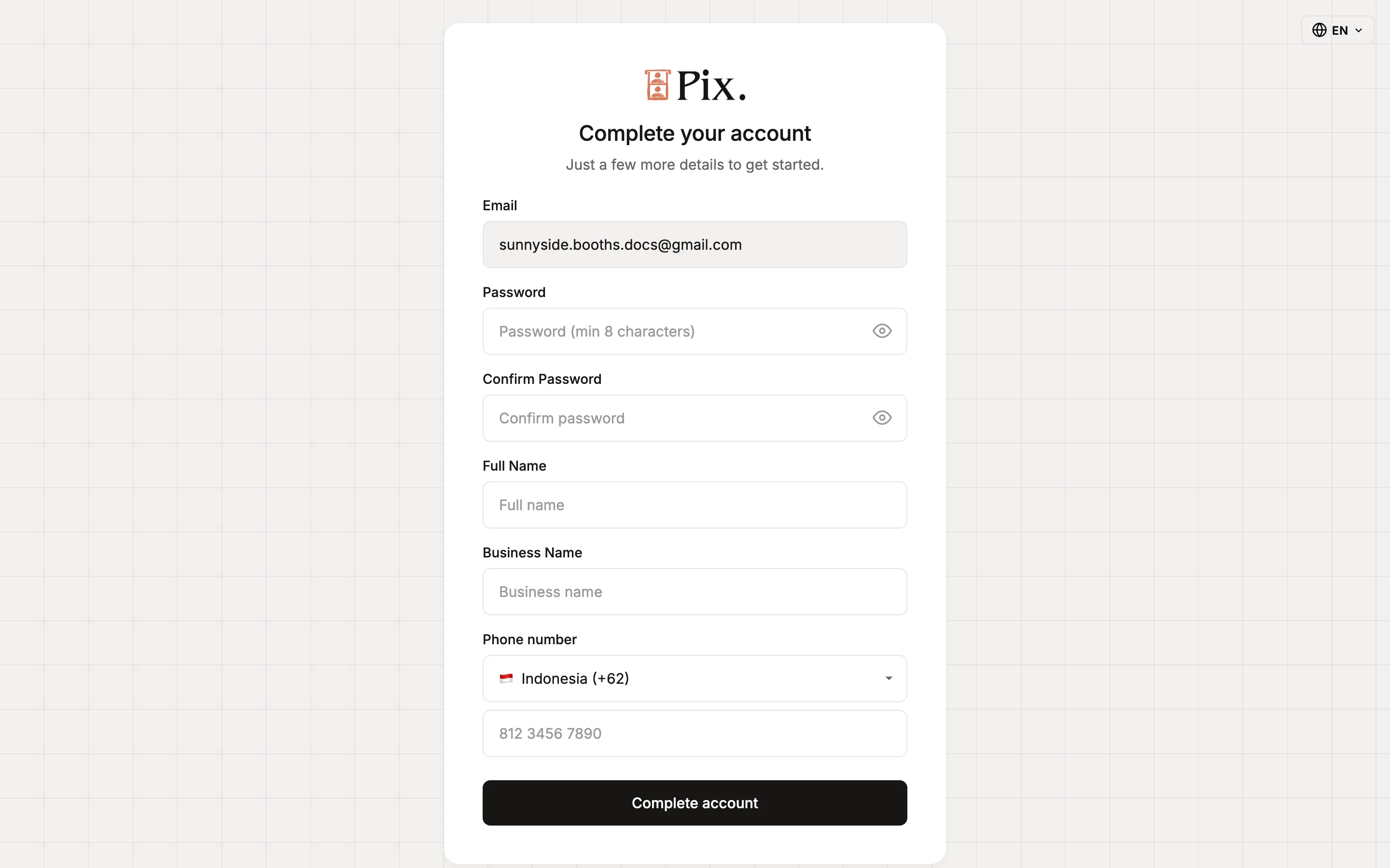 The Complete your account page with password, full name, business name and WhatsApp number fields