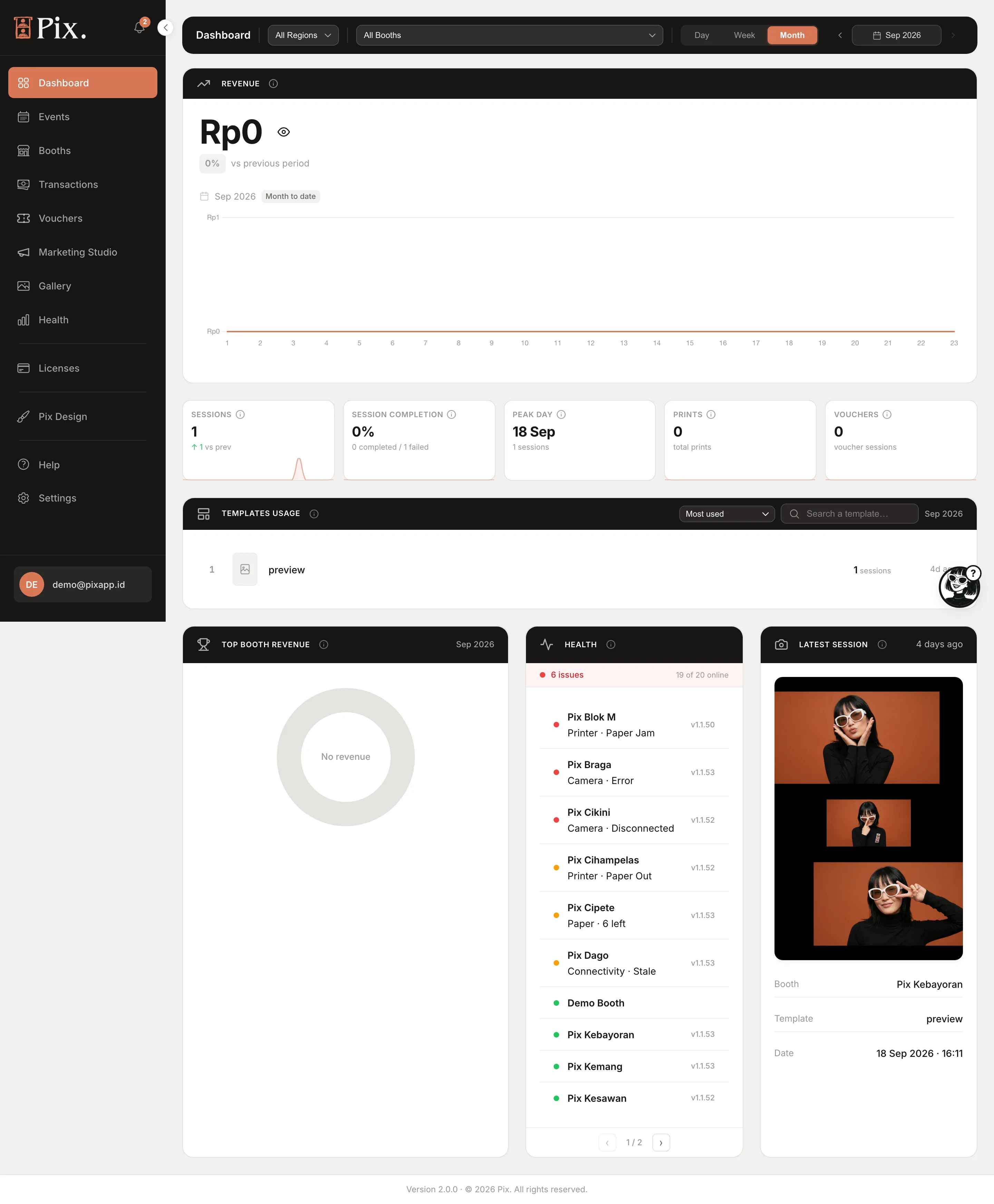 Dashboard home, full page, with Top Booth Revenue and Health below the first row of cards