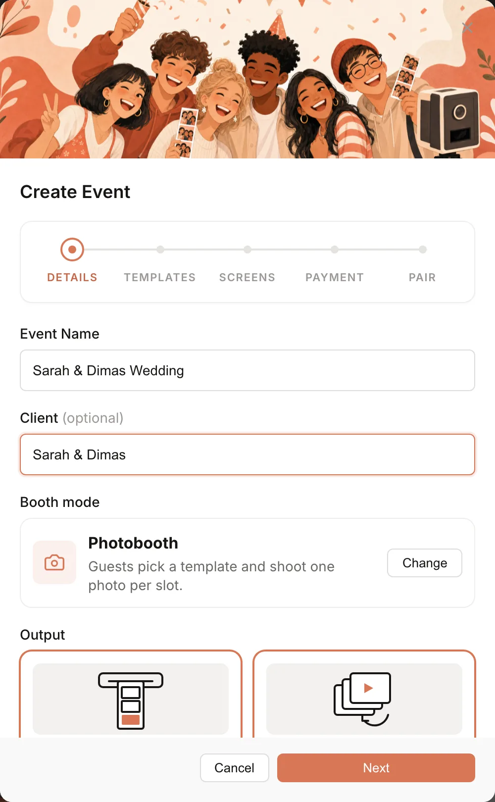 Create Event wizard, Details step with Booth mode and Output