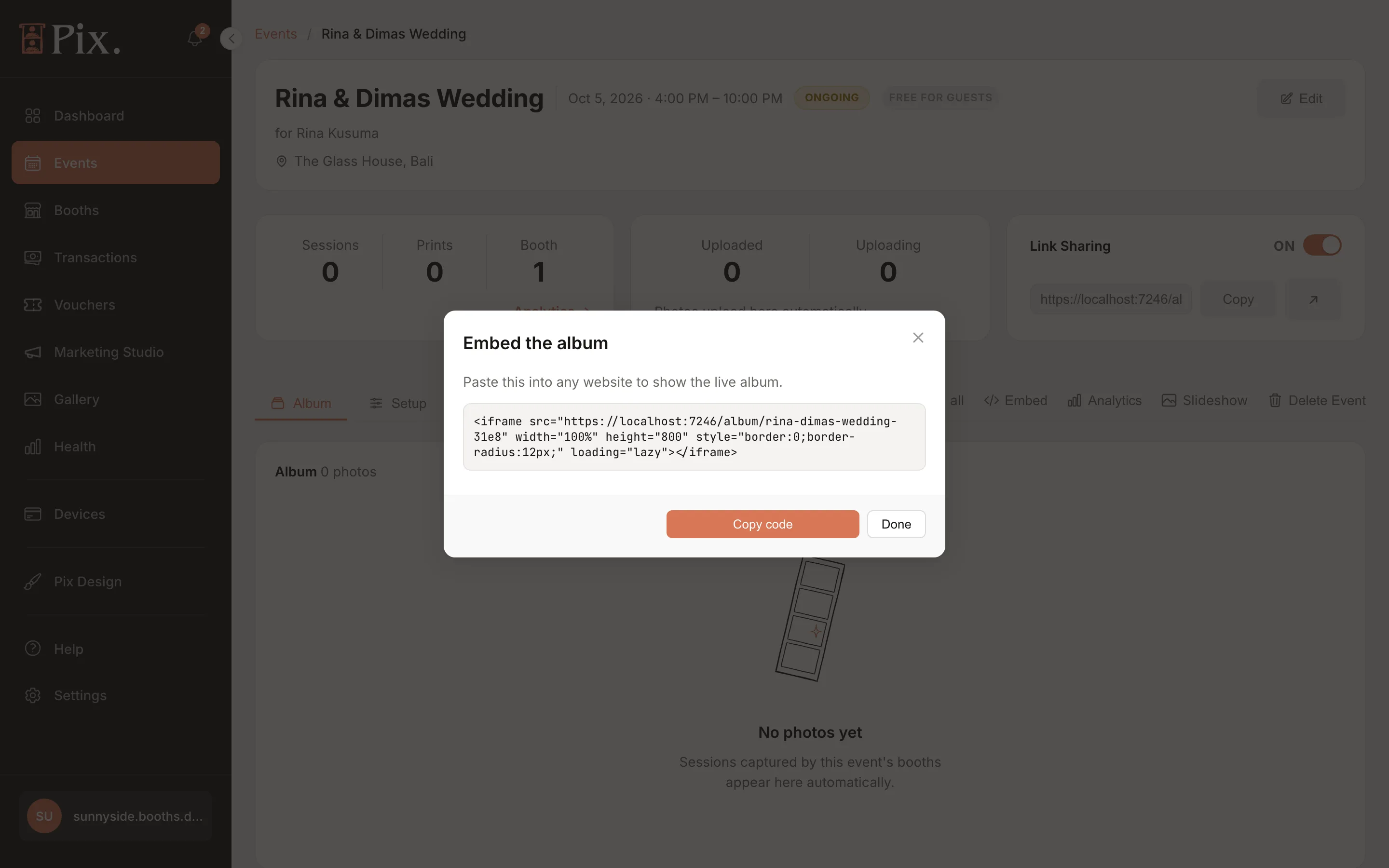 Embed modal for the public event album