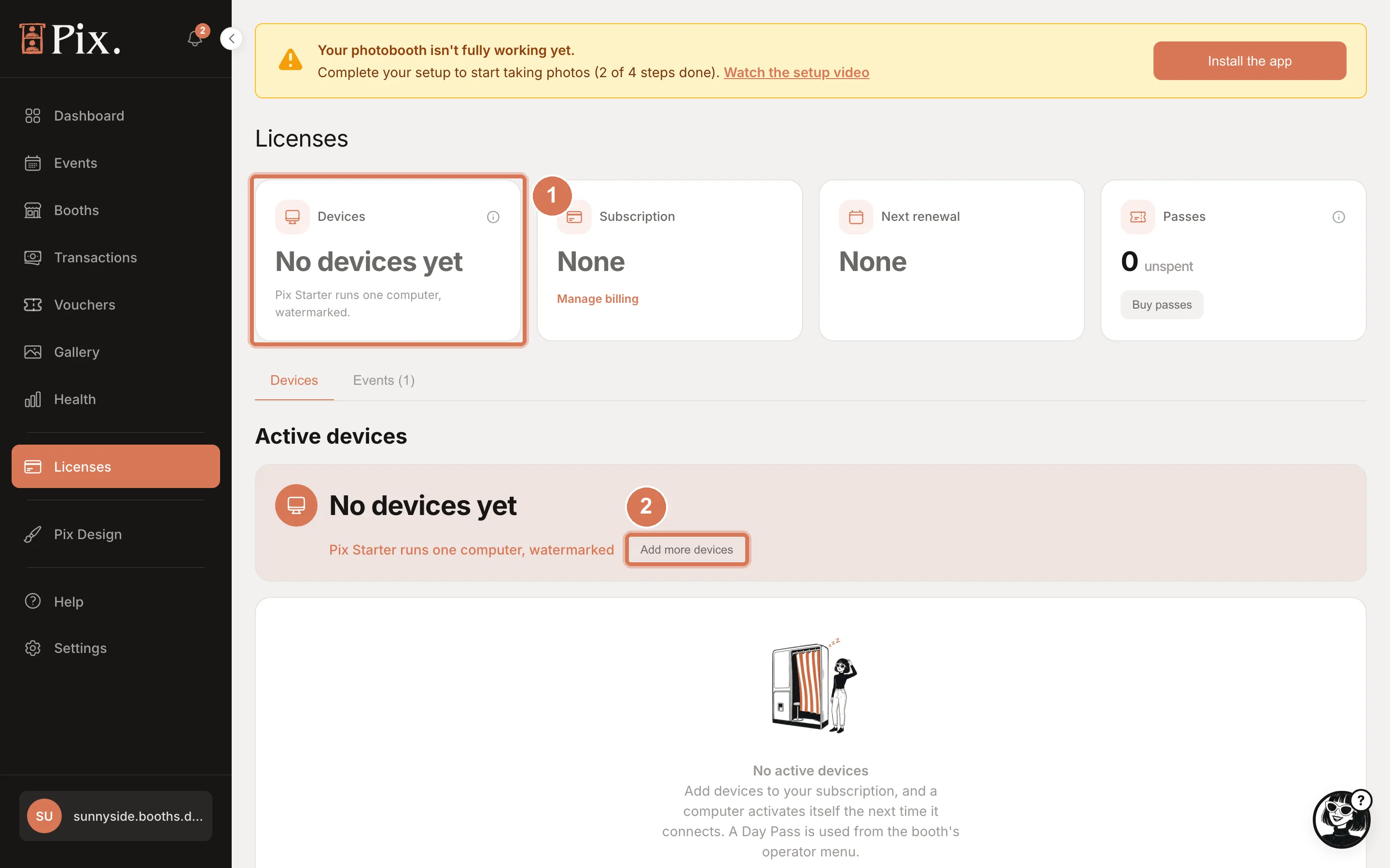 The Devices page of a Pix Starter account with the Devices, Subscription, Next renewal and Event Passes cards and a Buy license button