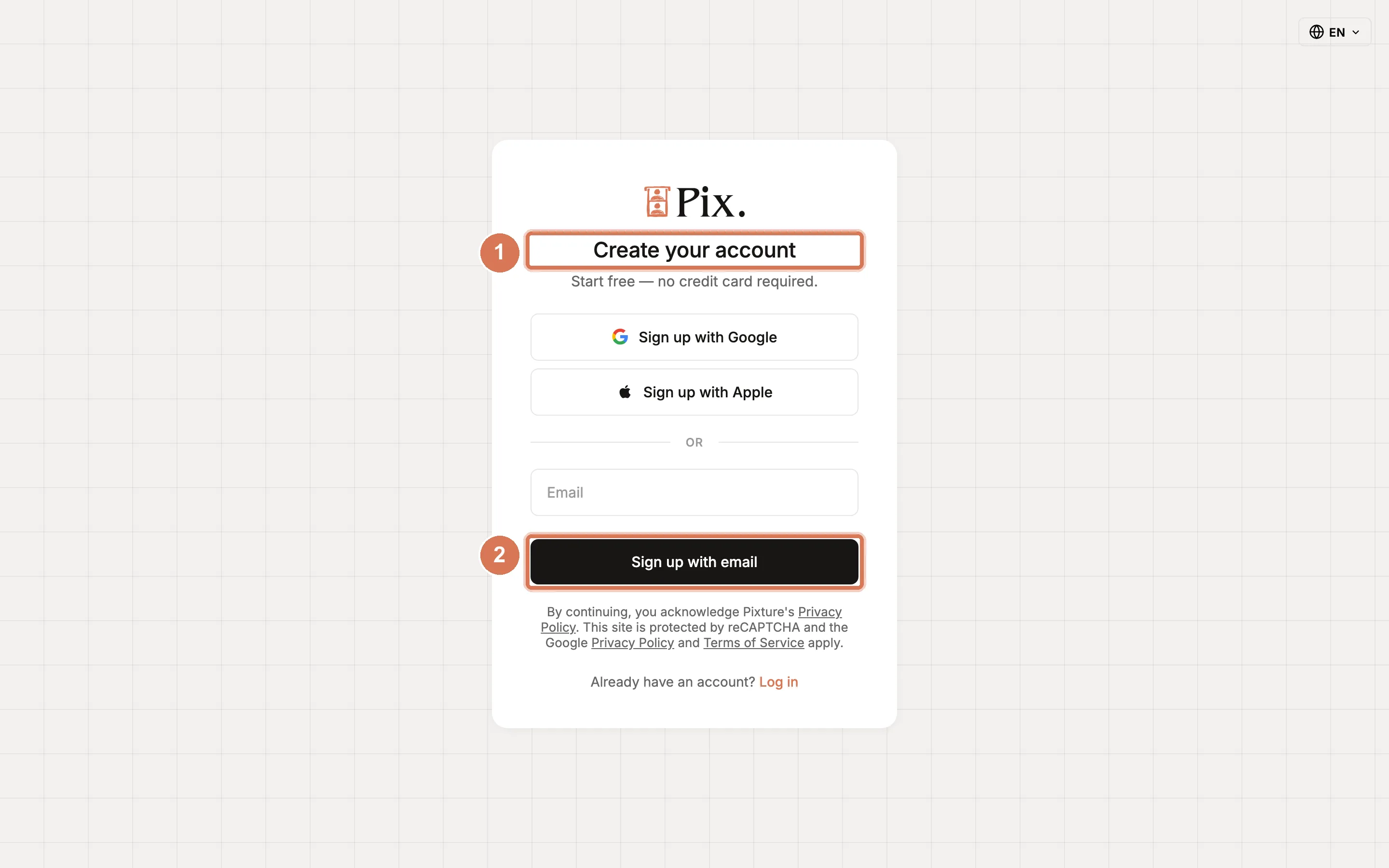 The Create your account page with Sign up with Google, Sign up with Apple and an email address field