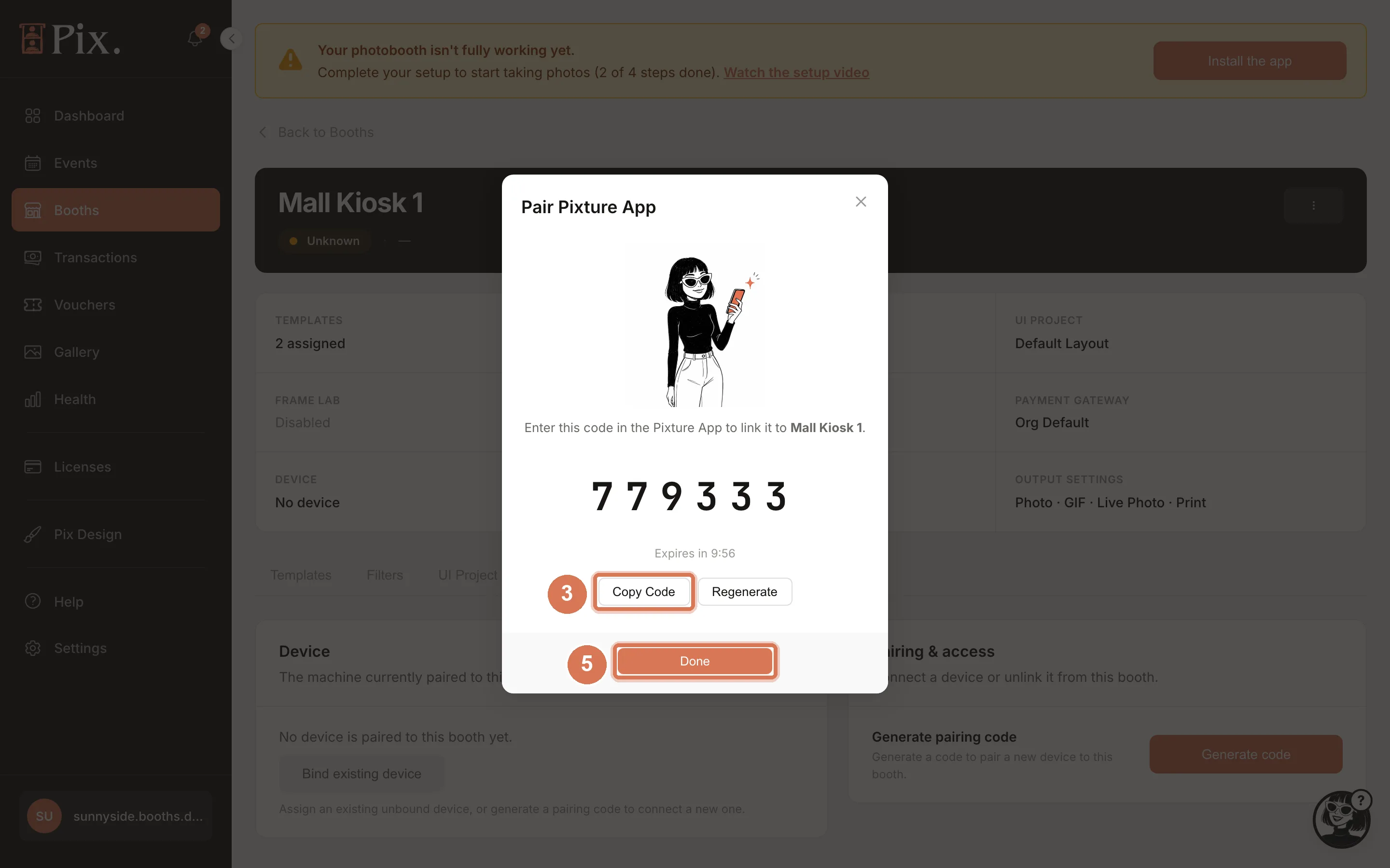 The Pair Pixture App modal with a 6-digit code, the Expires in countdown, and the Copy Code, Regenerate and Done buttons