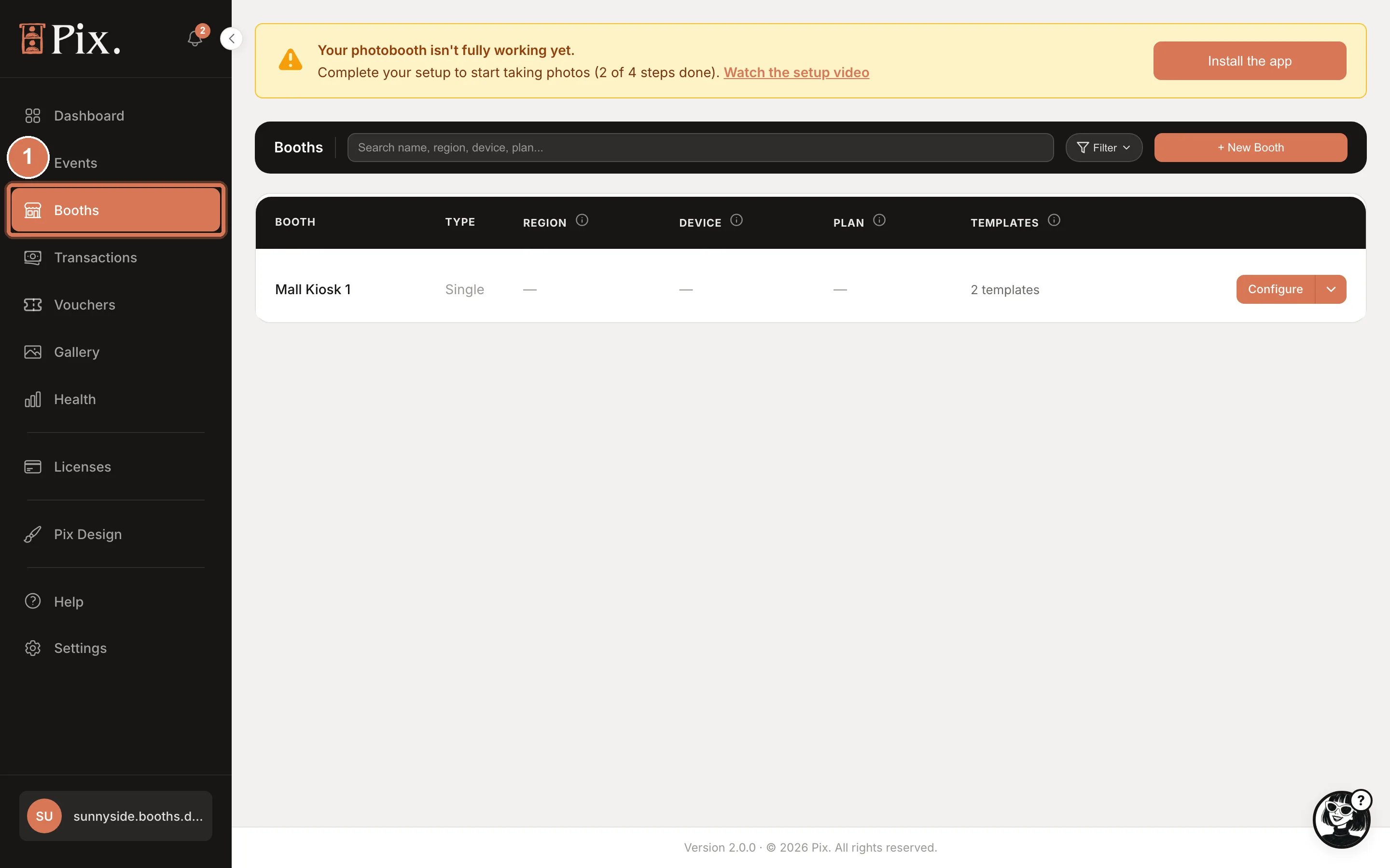 The Booths page of a new account with two booths that have no device yet and a dash for the plan