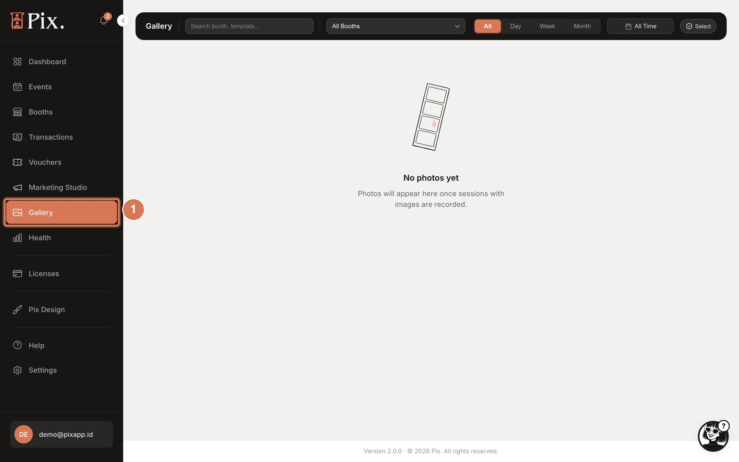 The Gallery page with the search box, booth filter, period pills and Select button