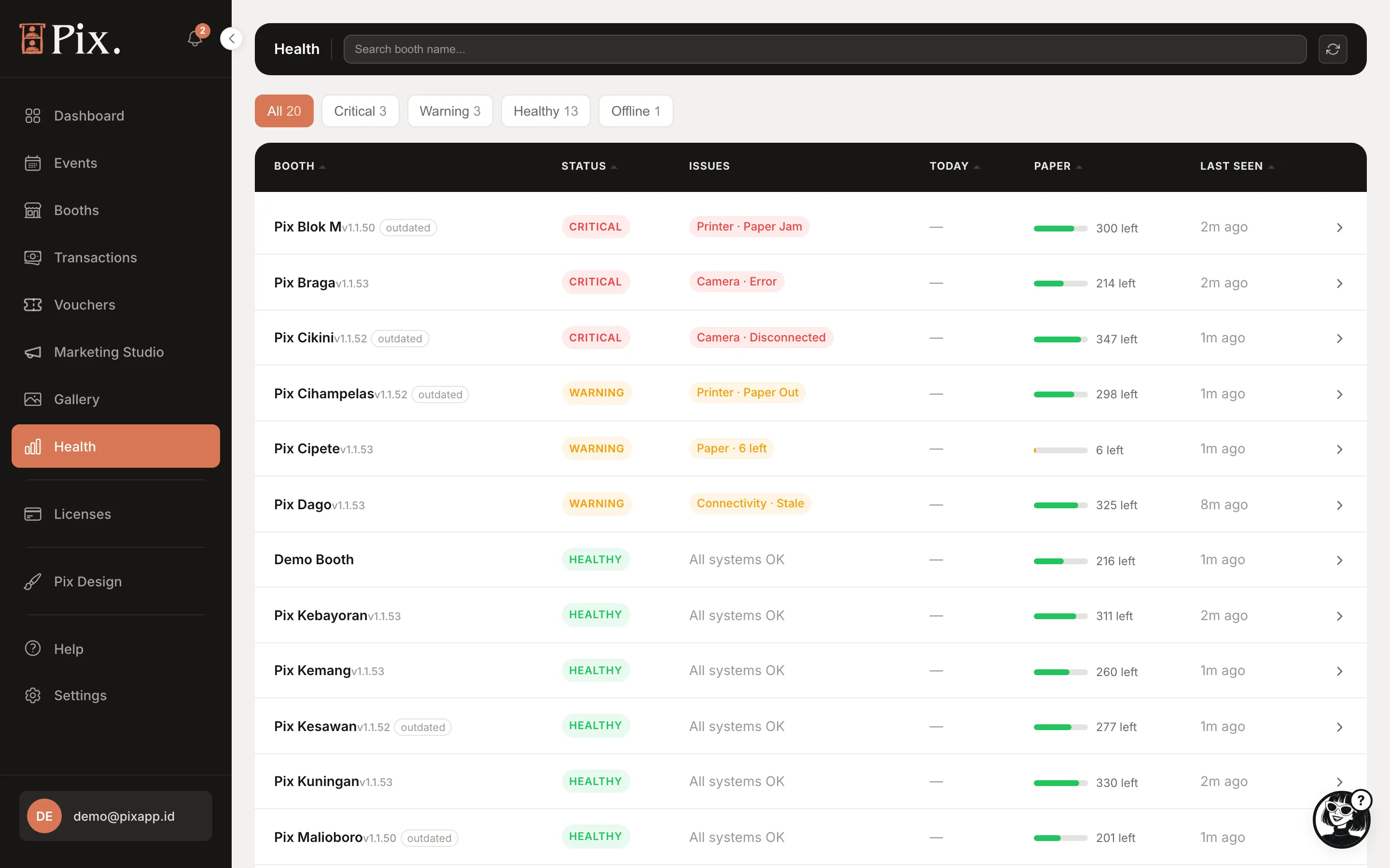 Health page: booth rows with Status, Issues, Today, Paper and Last seen, Error records and Download CSV