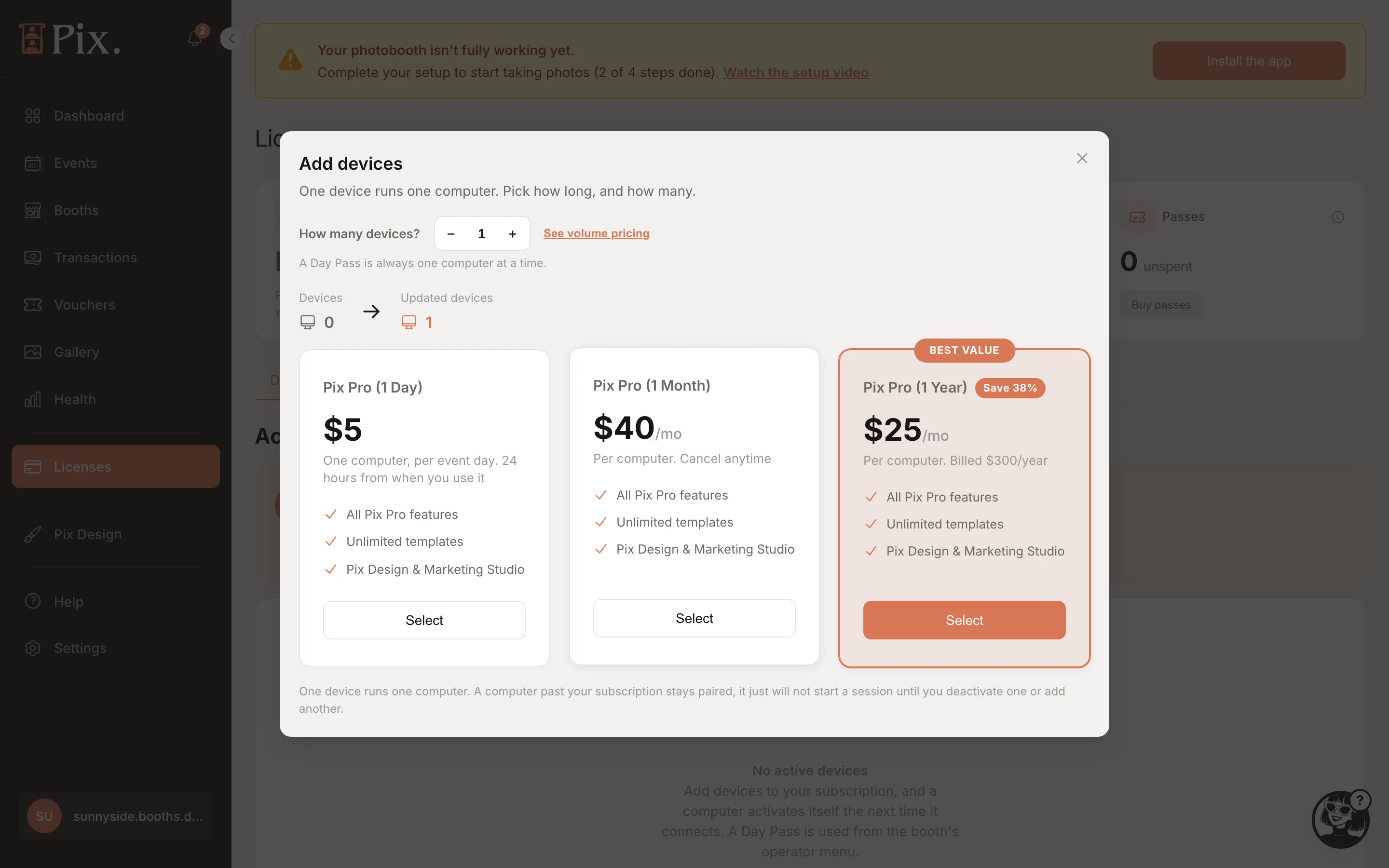 Pix Pro checkout: How many devices, See volume pricing, Pix Pro (1 Month) $40 and Pix Pro (1 Year) $300 with Save 38%