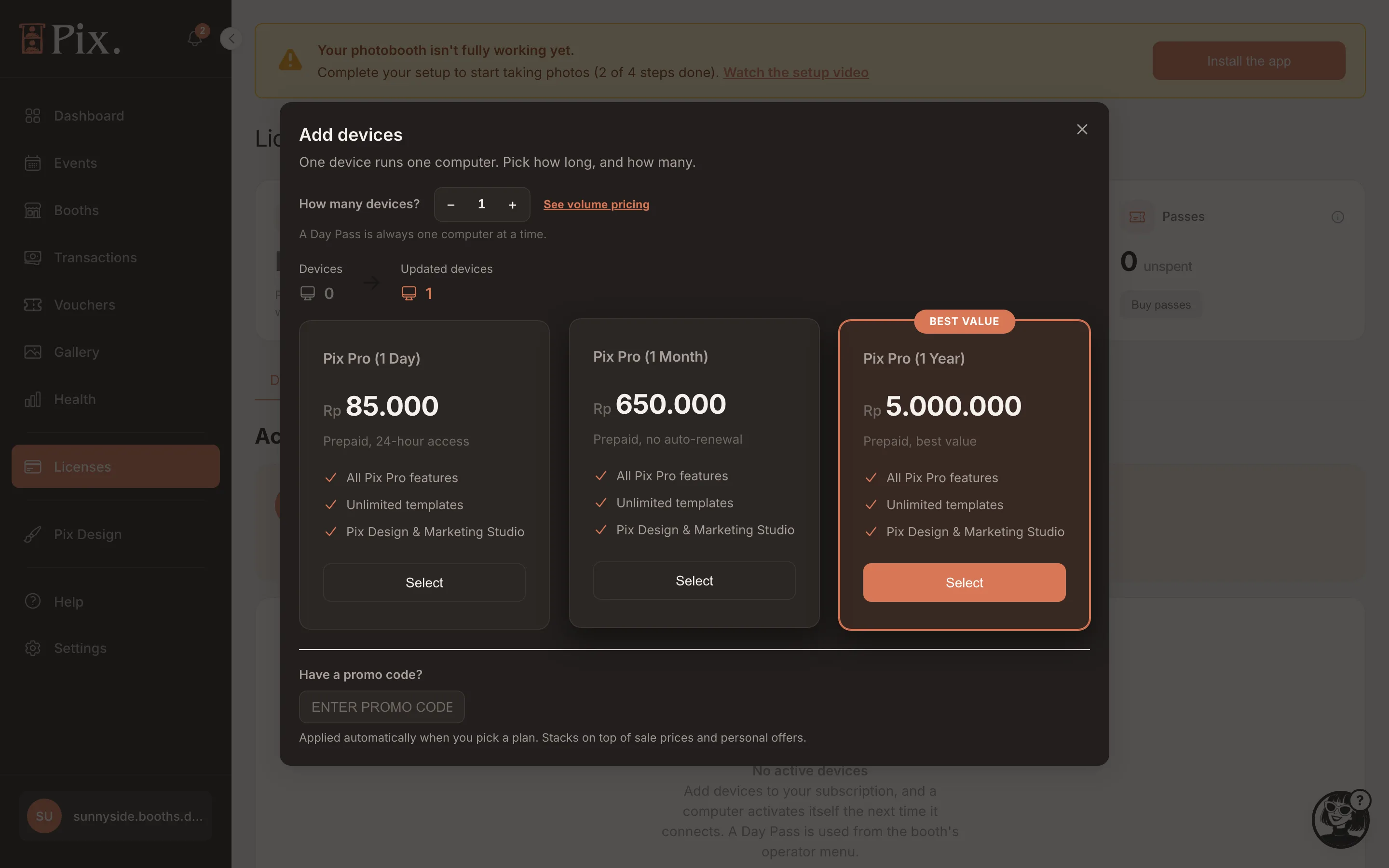Pix Pro checkout as seen from Indonesia: rupiah prices, prepaid notes, promo code