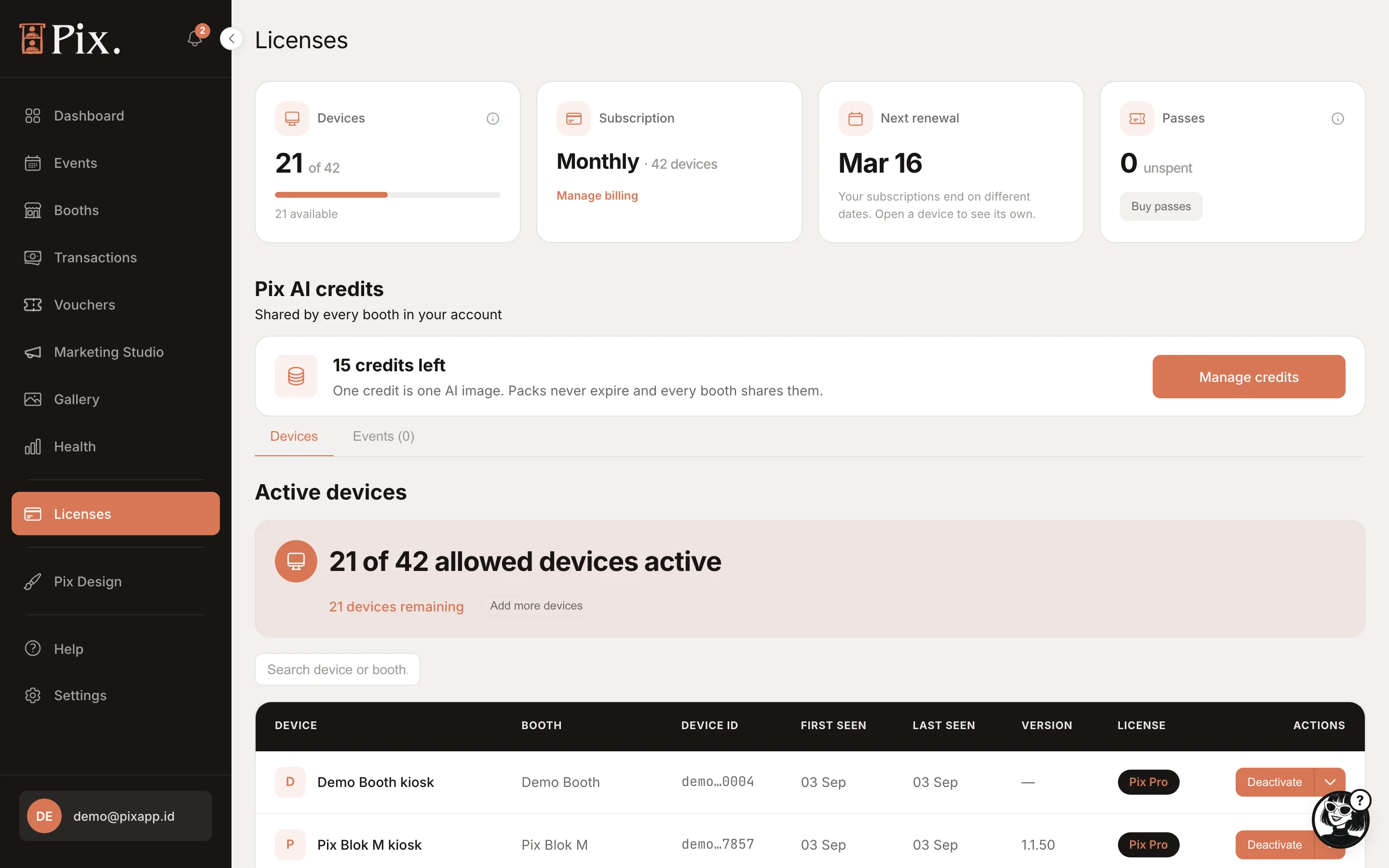 Devices page of a Pix Pro account: Devices 21 of 42, Subscription, Next renewal, Event Passes, Pix AI credits, and the Active devices table with Deactivate