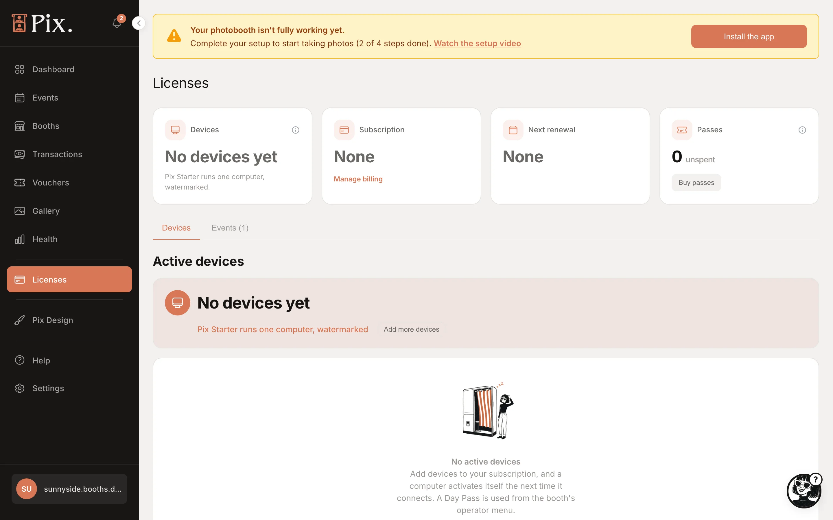 Devices page of a Pix Starter account: No devices yet, Subscription, Event Passes, Buy license