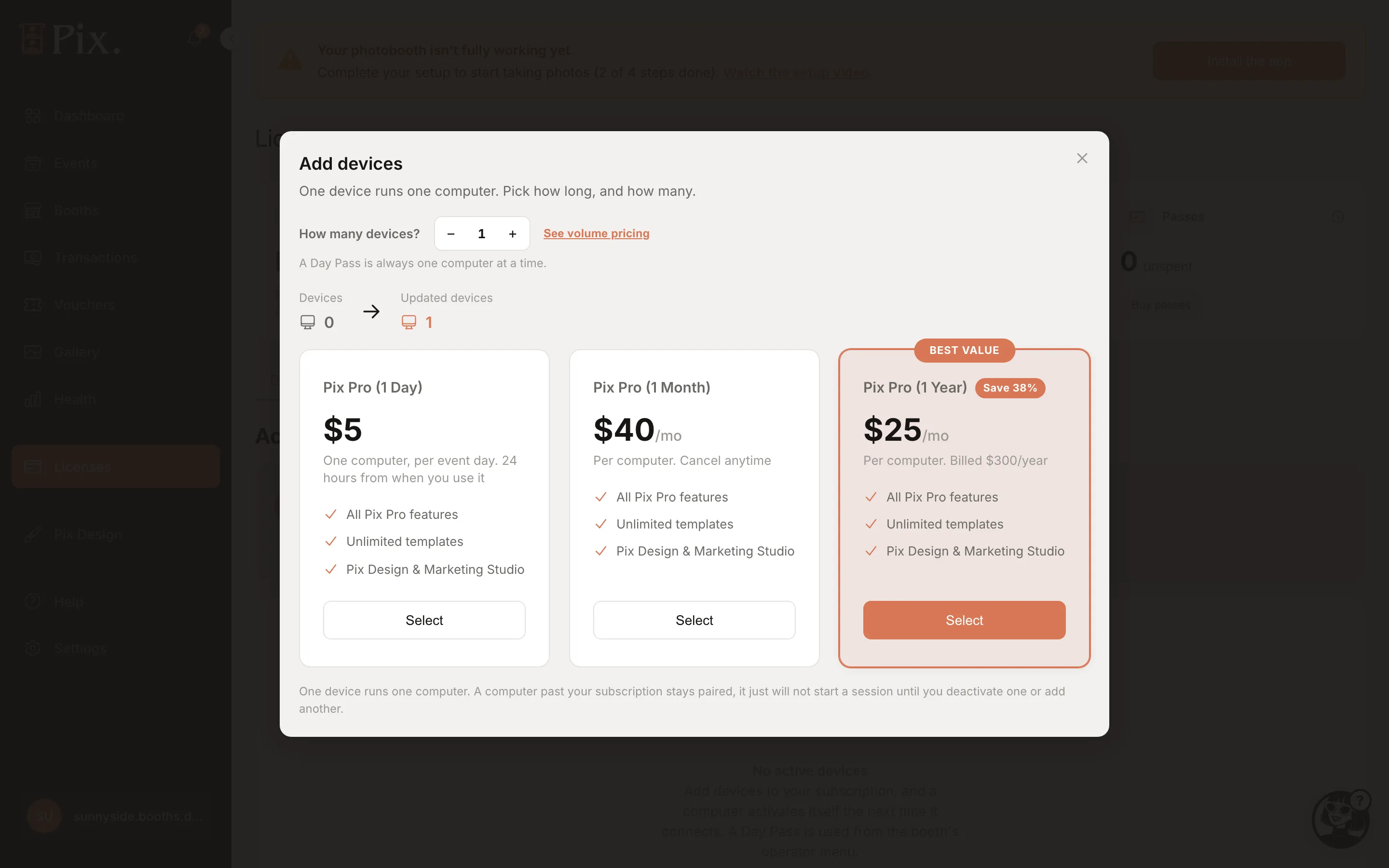 Volume pricing table: Pix Pro Monthly and Yearly per quantity