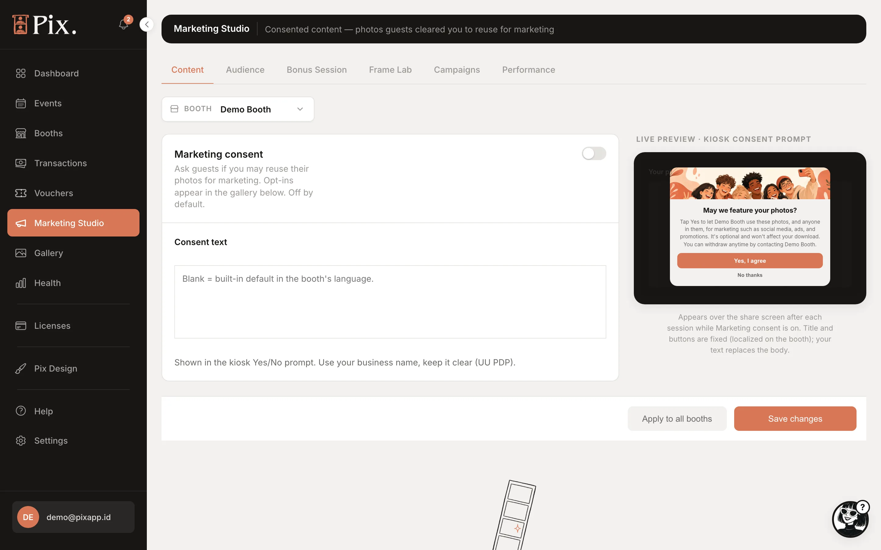 Marketing Studio Content tab: Marketing consent switch, Consent text, live booth consent prompt preview