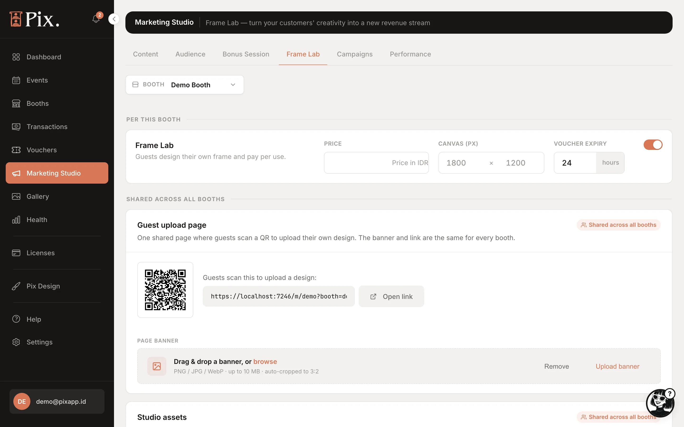 Marketing Studio Frame Lab tab: per-booth price, canvas, voucher expiry, guest upload page QR