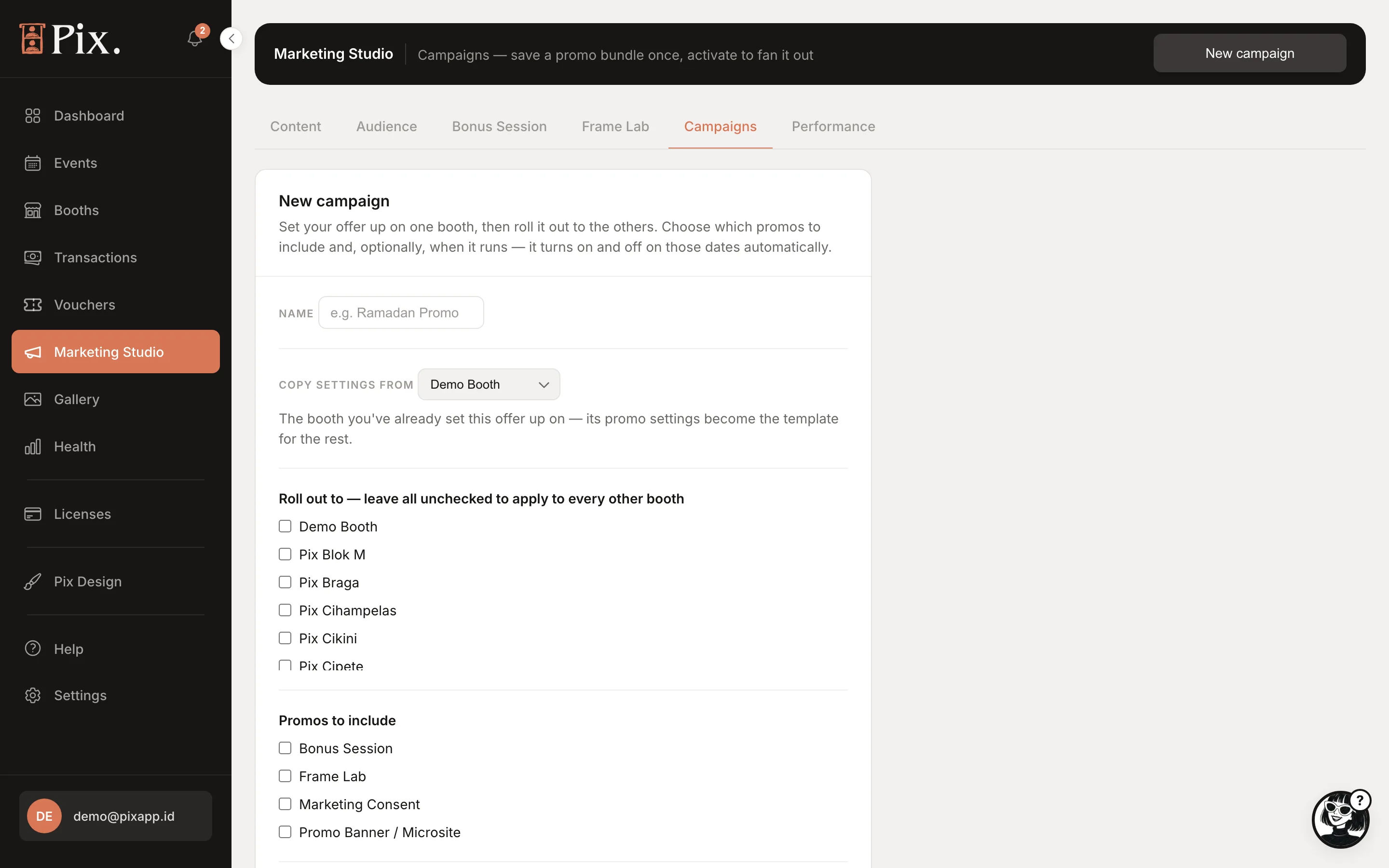 New campaign modal: Name, Copy settings from, Roll out to, Promos to include, Starts, Ends