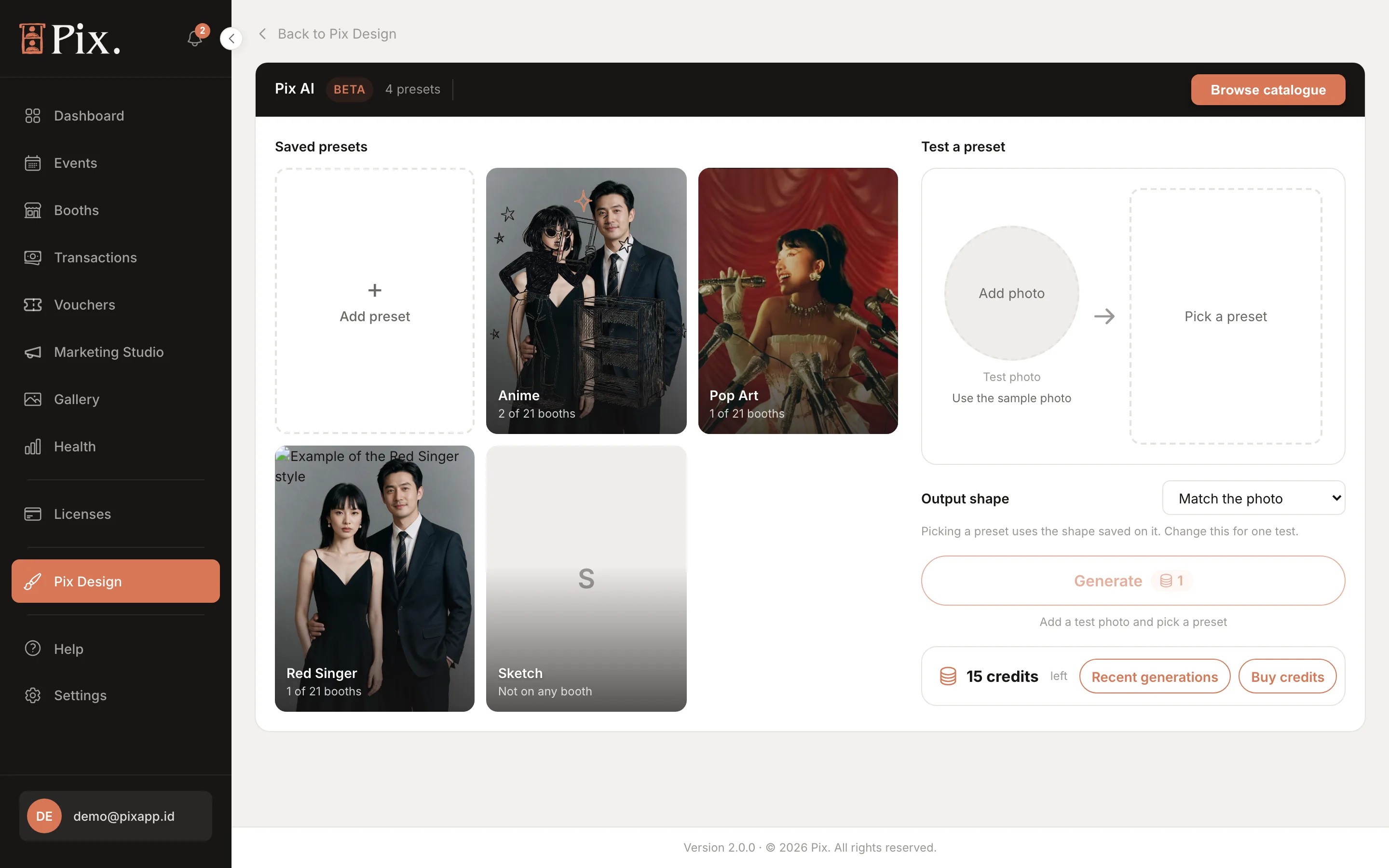 Pix AI page with Saved presets, Browse AI presets, Test a preset with Generate and Recent generations