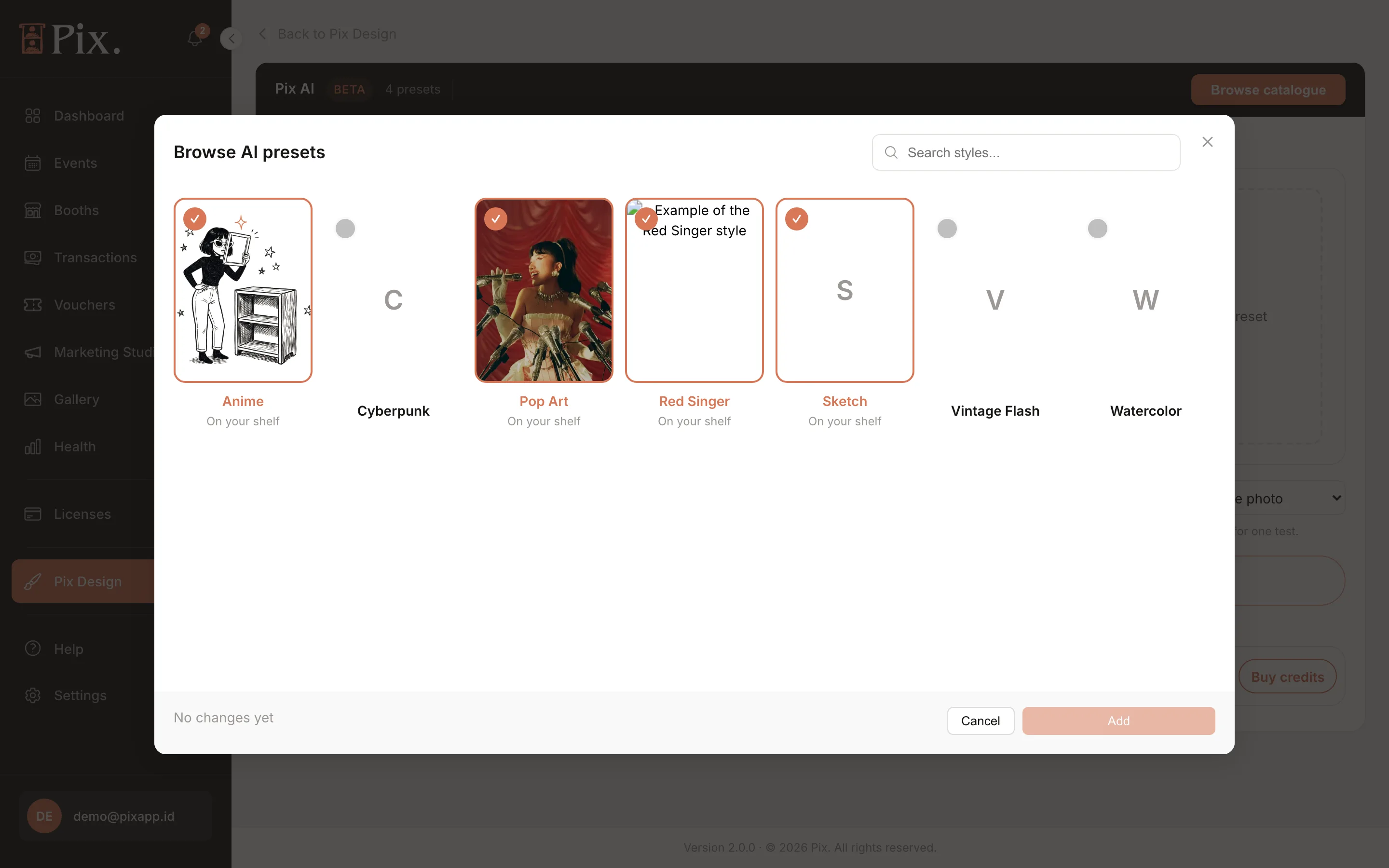 Browse AI presets modal with tick marks on presets and Add