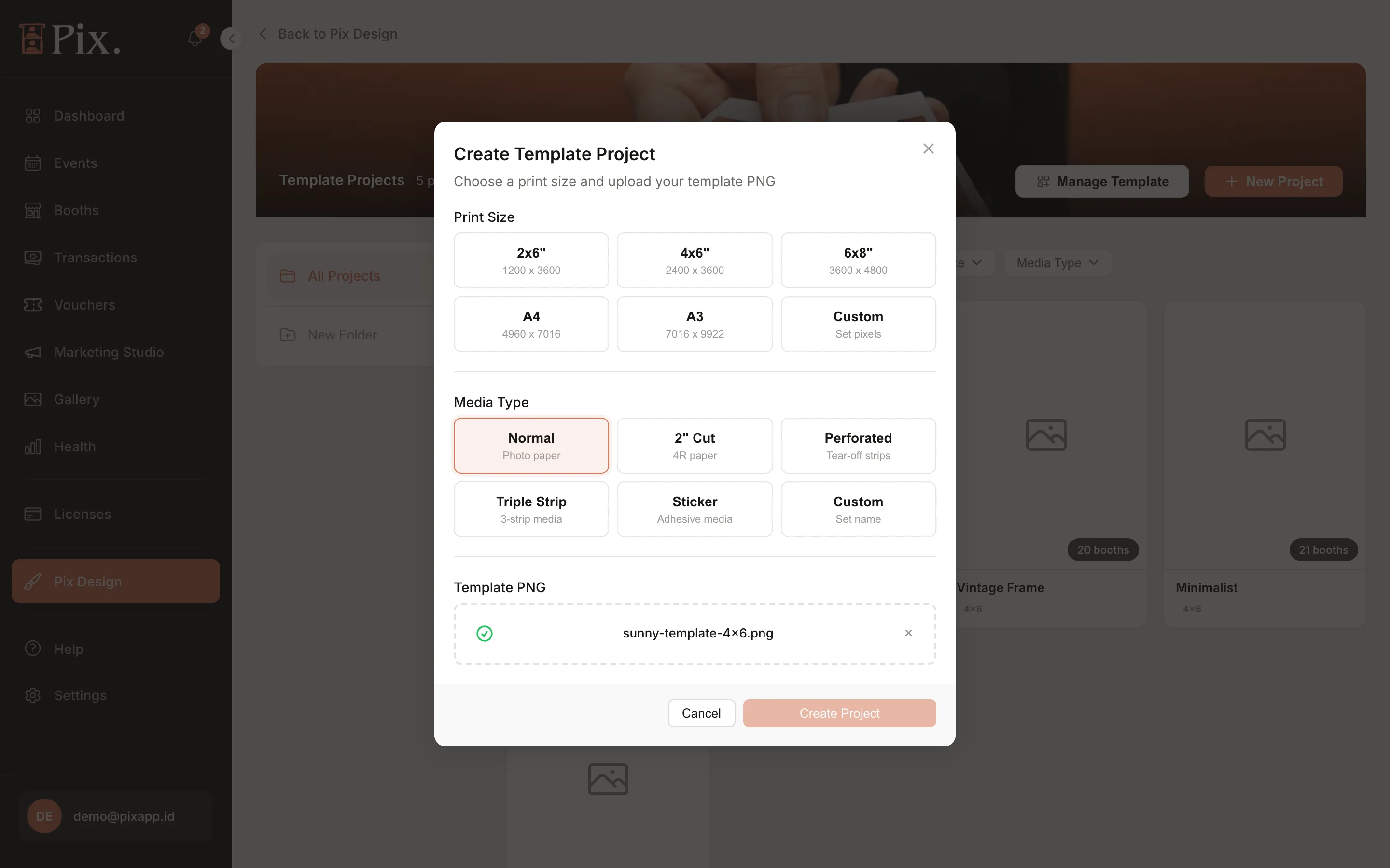 Create Template Project modal with Print Size, Media Type and Template PNG