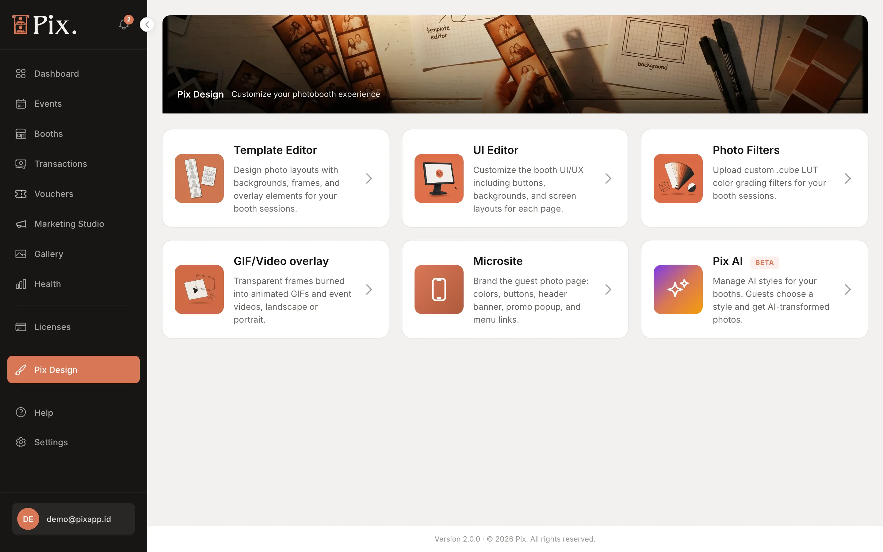 Pix Design hub with the Template Editor, UI Editor, Photo Filters, GIF/Video overlay, Microsite and Pix AI cards