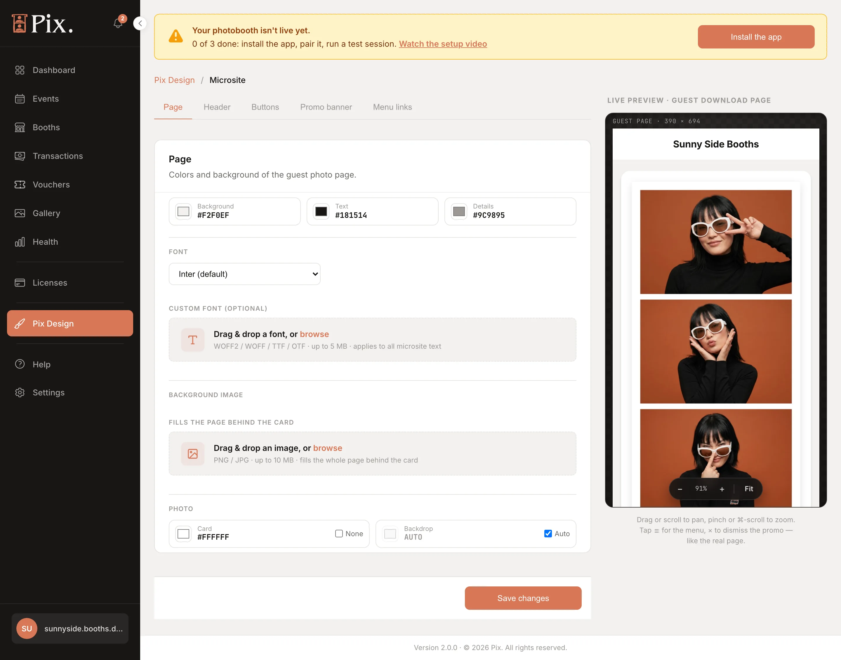 Microsite page with the Page, Header, Buttons, Promo banner and Menu links tabs, the colour, font, background and photo settings, and the live preview of the guest download page