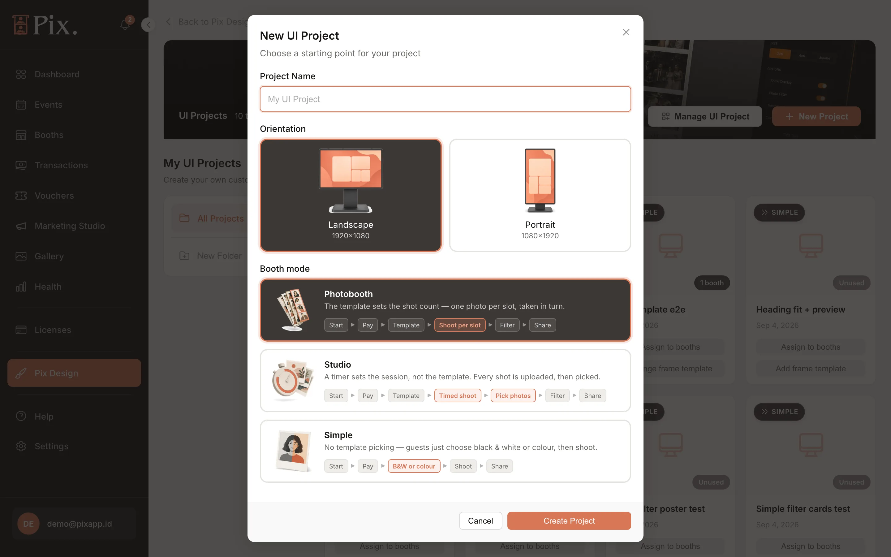 New UI Project modal with Project Name, Orientation and the Photobooth, Studio and Simple booth mode cards