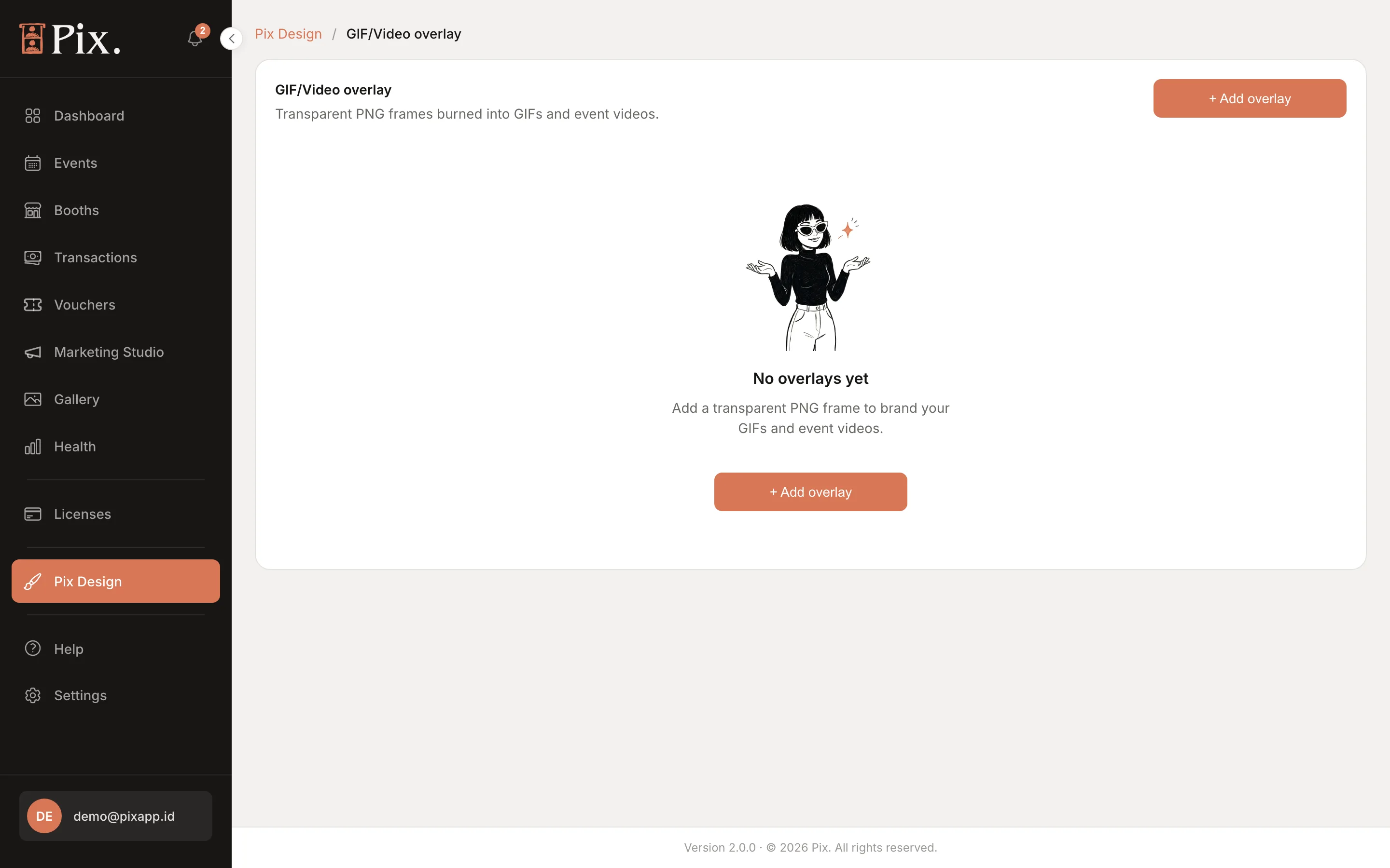 GIF/Video overlay page with + Add overlay