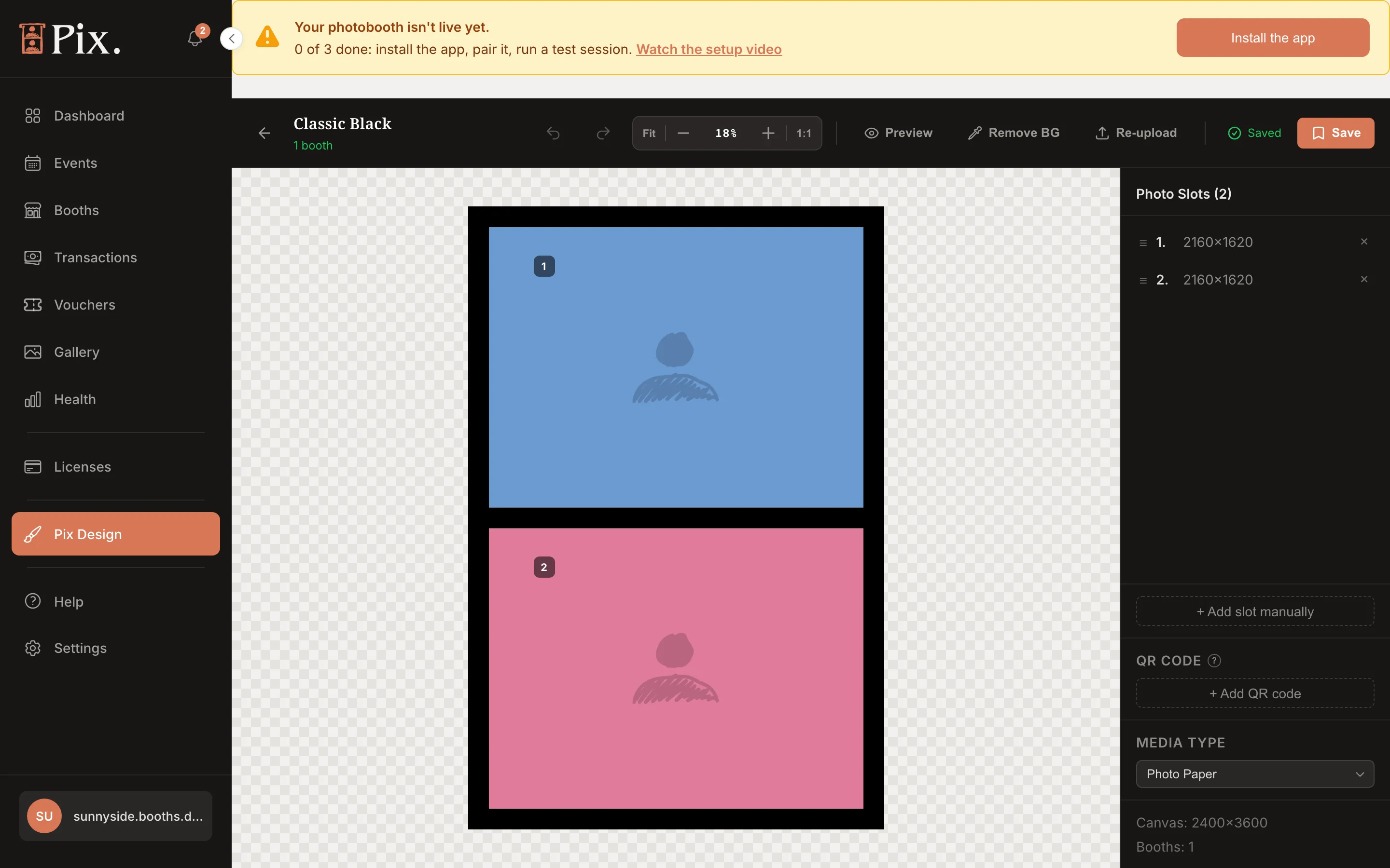 Template editor with the Classic Black template: two photo slots, the toolbar with Preview, Remove BG, Re-upload and Save, and the Photo Slots panel