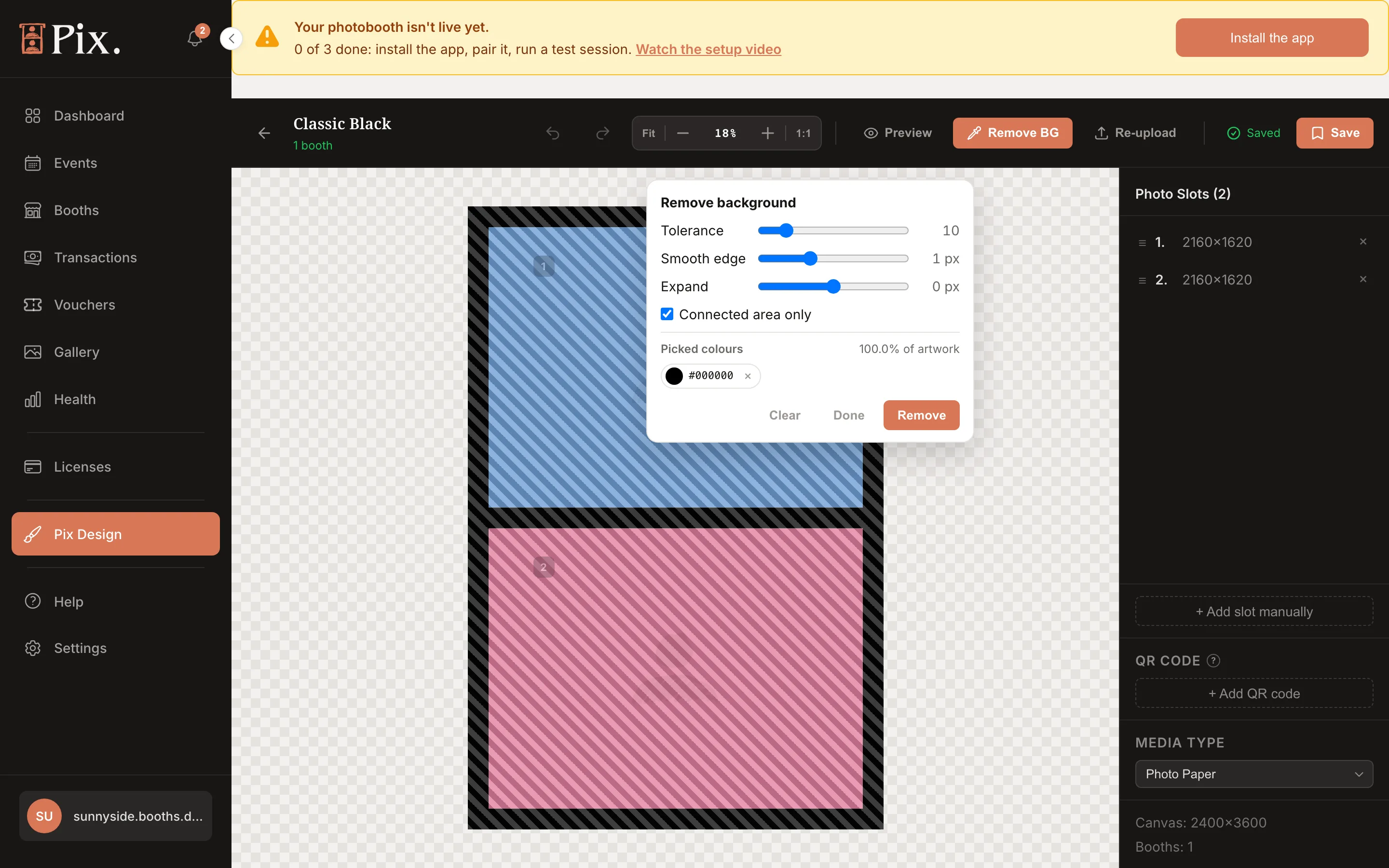 Template editor with Remove BG on: the Remove background panel with Tolerance, Smooth edge, Expand, Connected area only and a picked colour