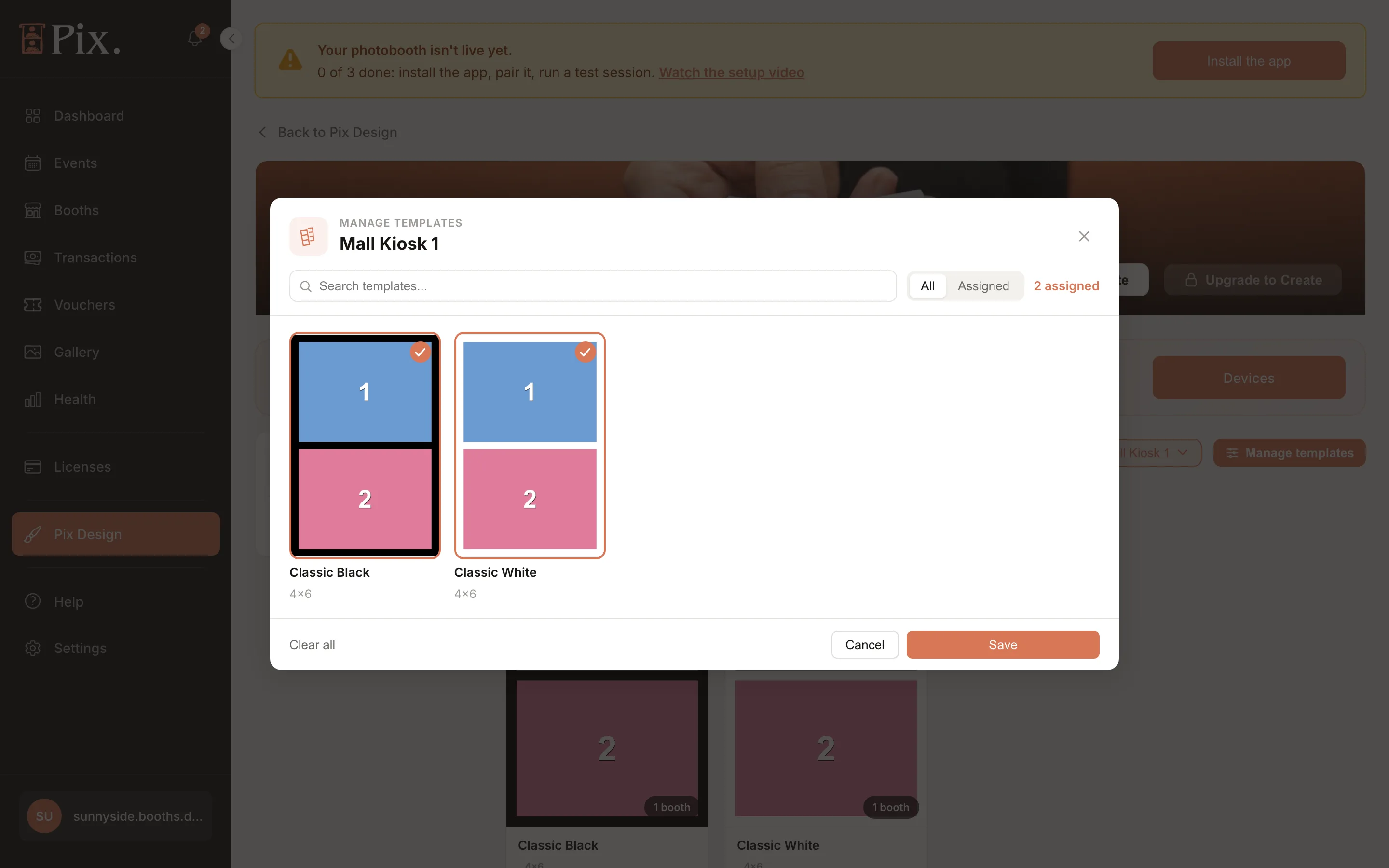 Manage templates window for one booth with the search box, All and Assigned switch, 2 assigned and Save