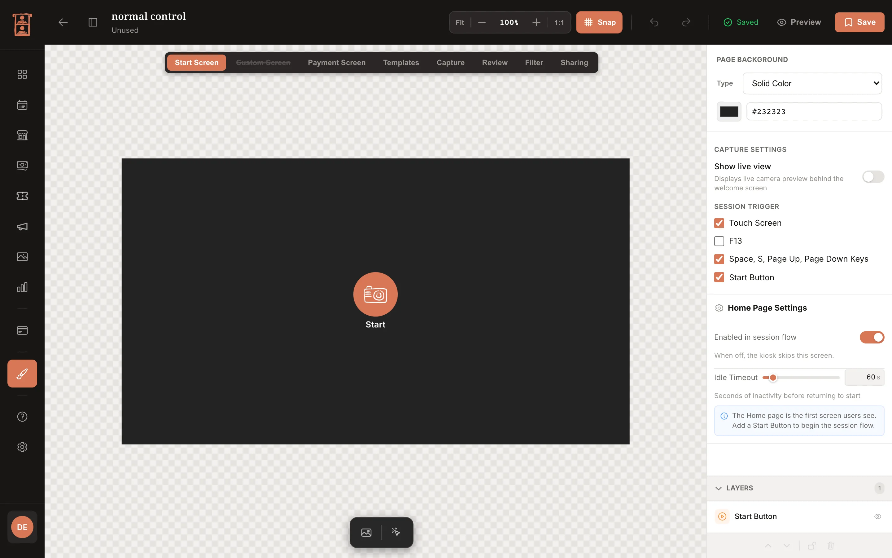 UI Editor on the Start Screen with page tabs, the canvas, Page Background, Session Trigger checkboxes, Home Page Settings and Layers