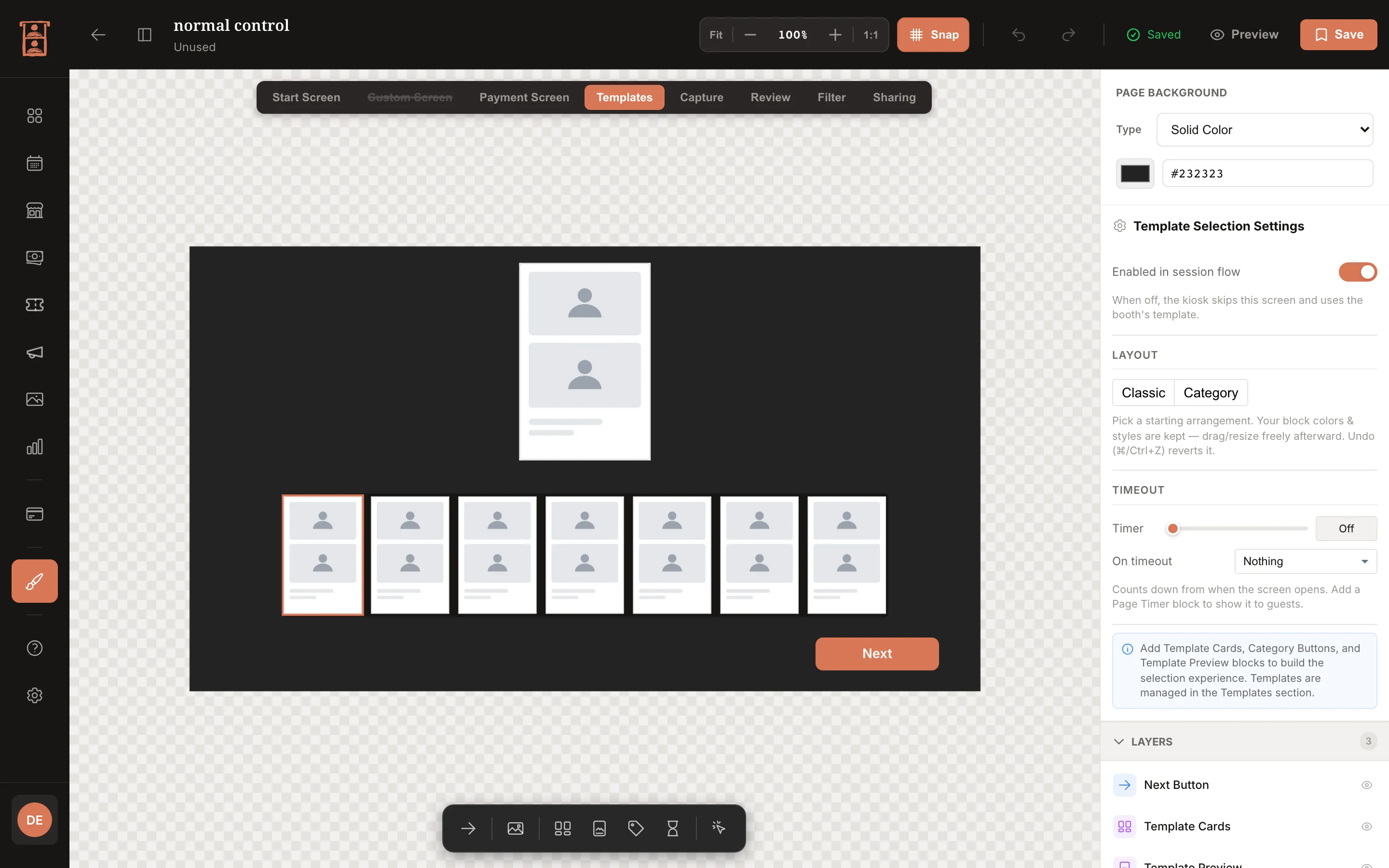 UI Editor on the Templates screen