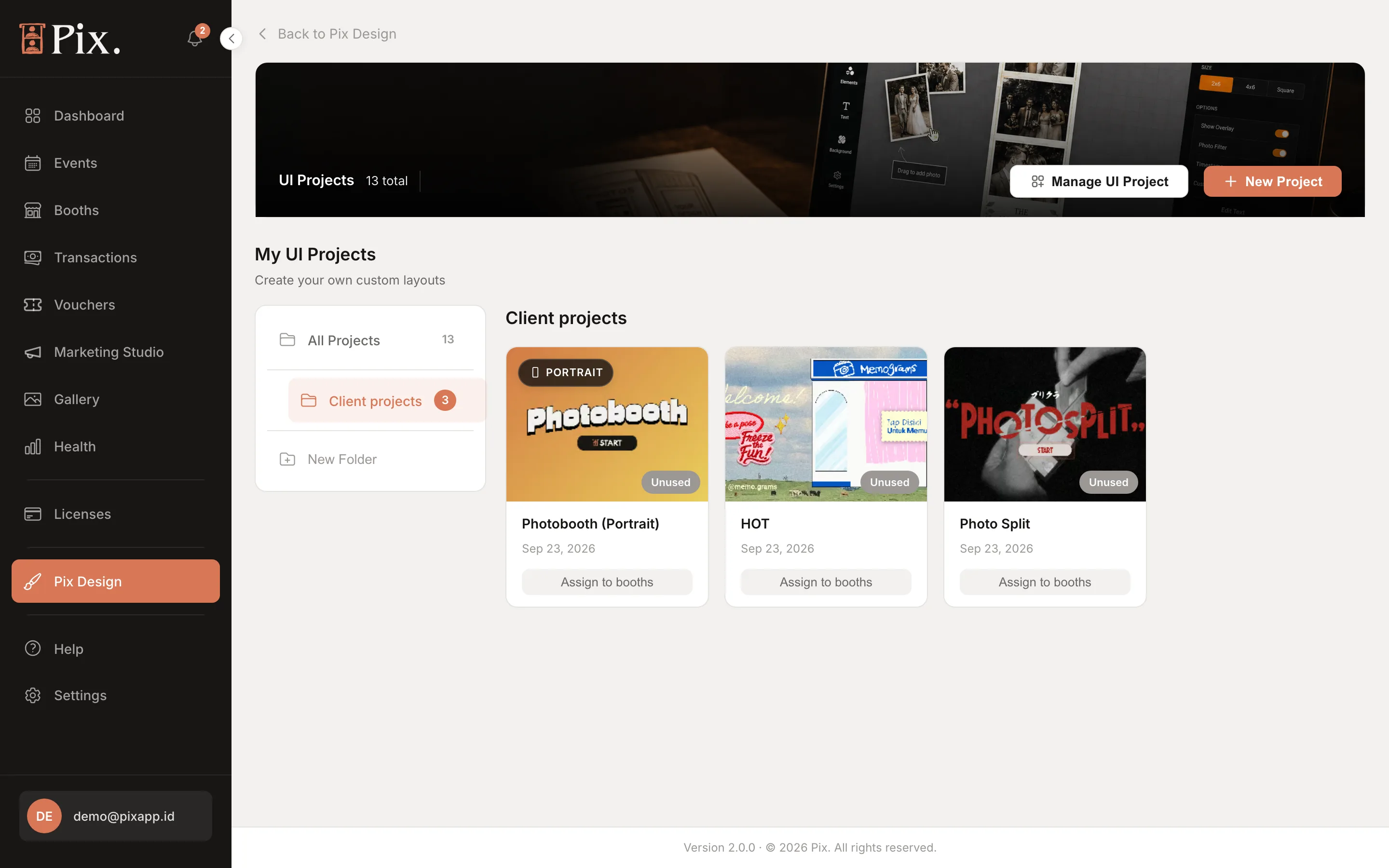 UI Projects list showing a Client projects folder with three project cards, Manage UI Project and New Project