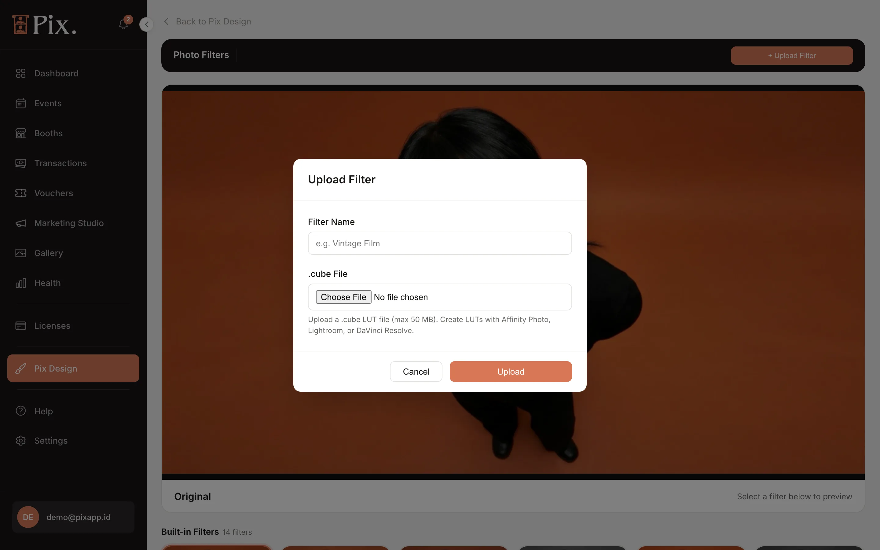 Upload Filter modal with Filter Name and .cube File