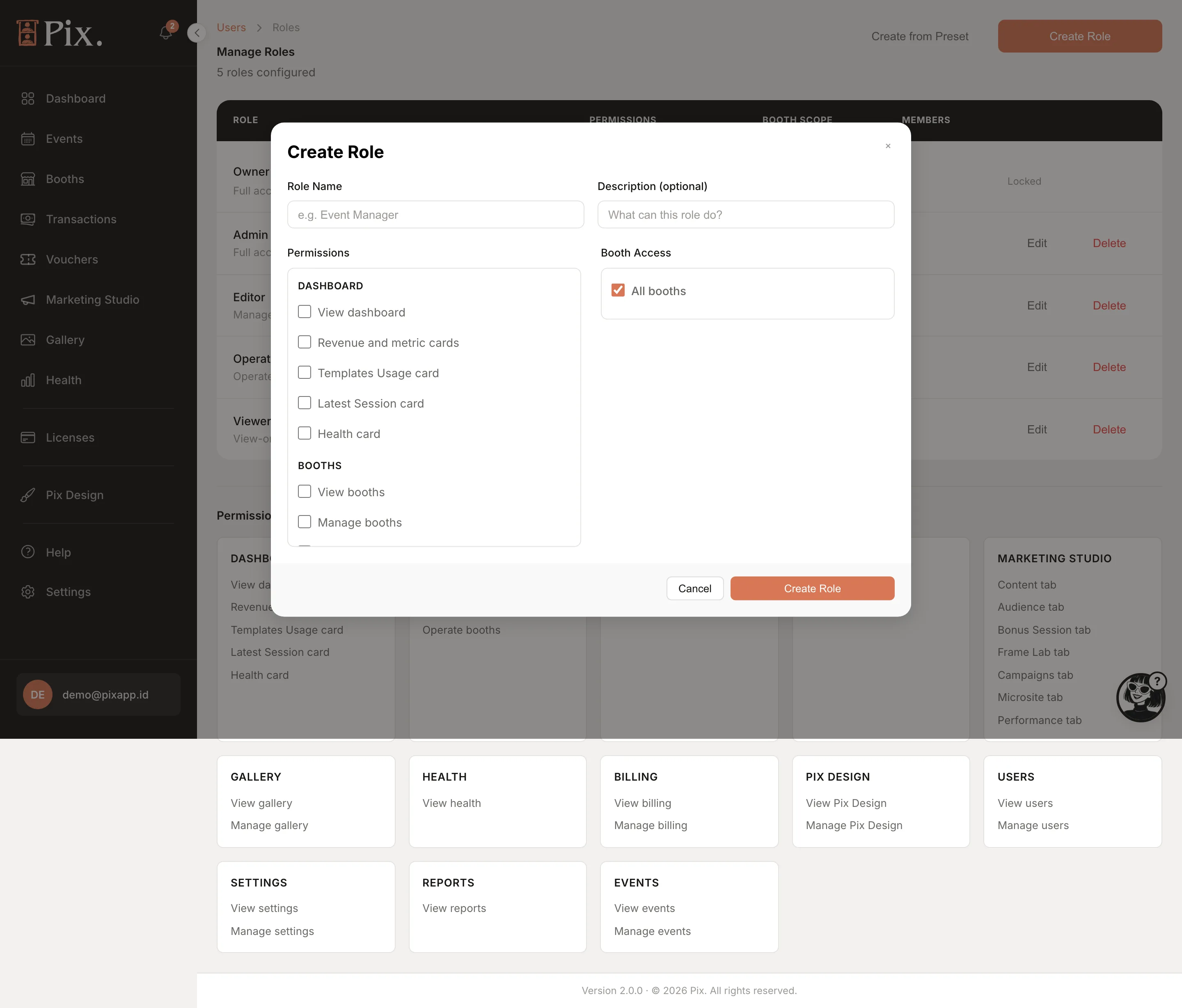 Create Role modal: Role Name, Description, Booth Access, permission groups