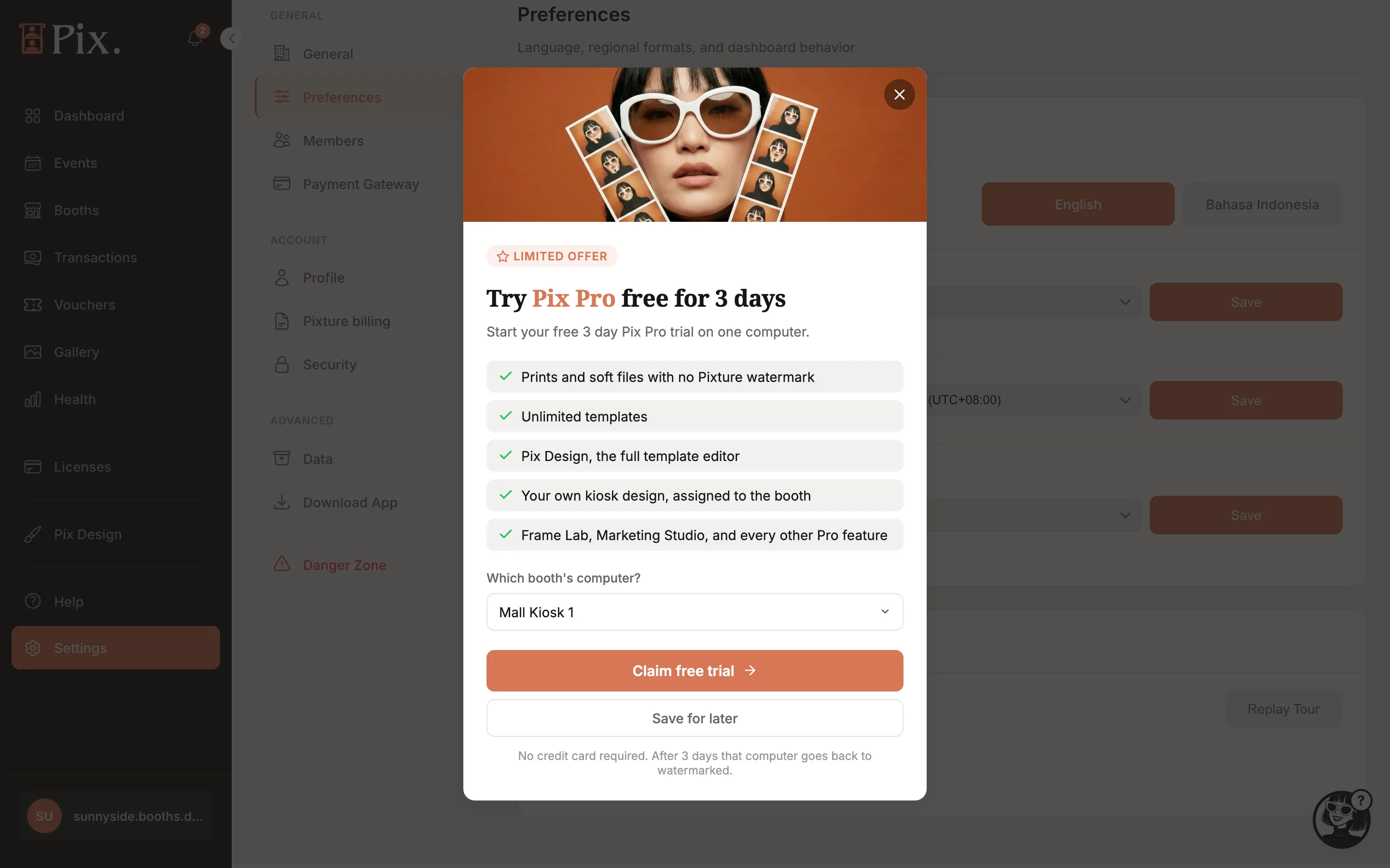 The Try Pix Pro free for 3 days popup with the benefits list, the booth picker and the Claim free trial button