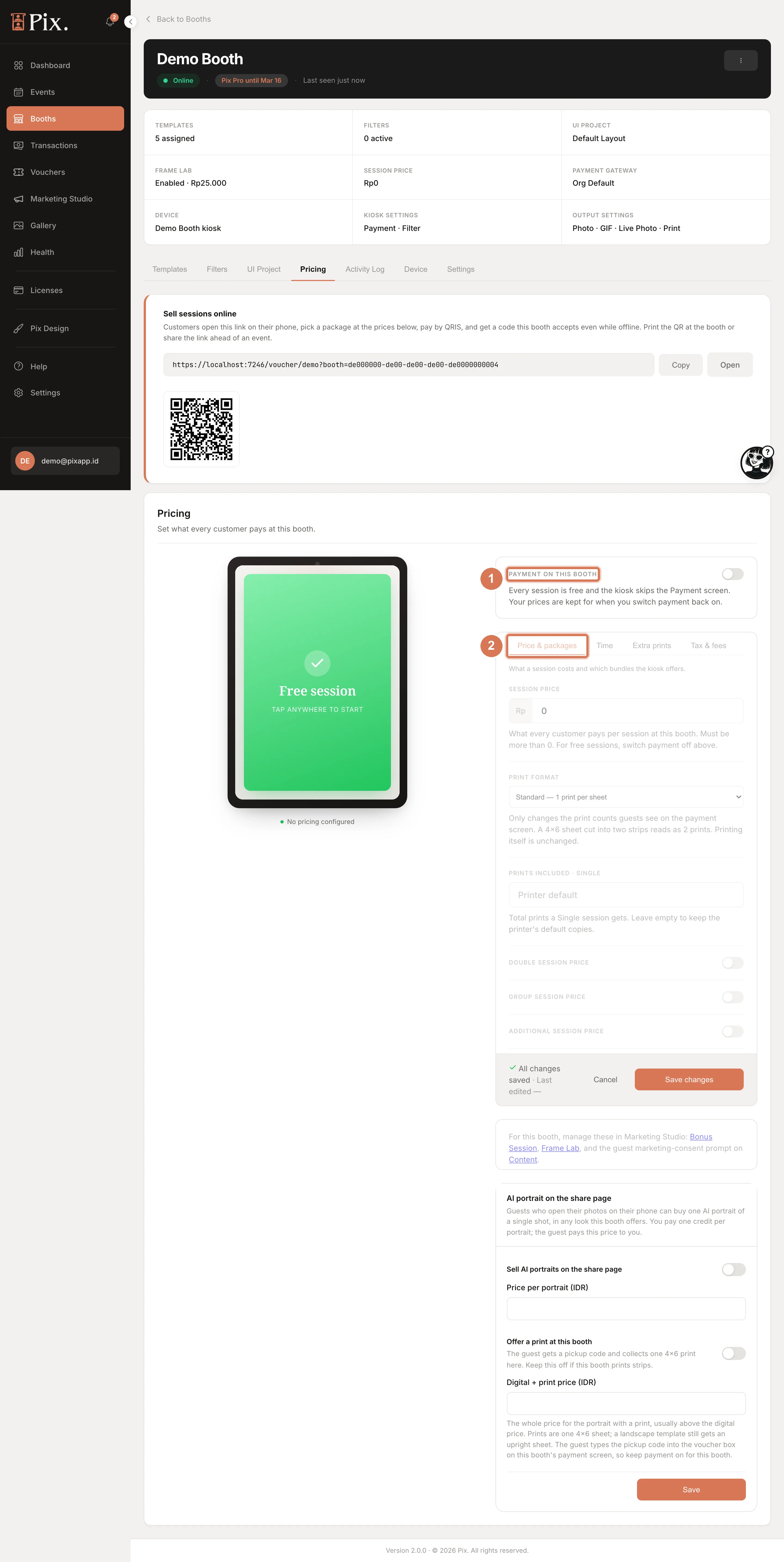 Booth Pricing tab, full page, with the Payment on this booth switch, live preview and Price &amp; packages