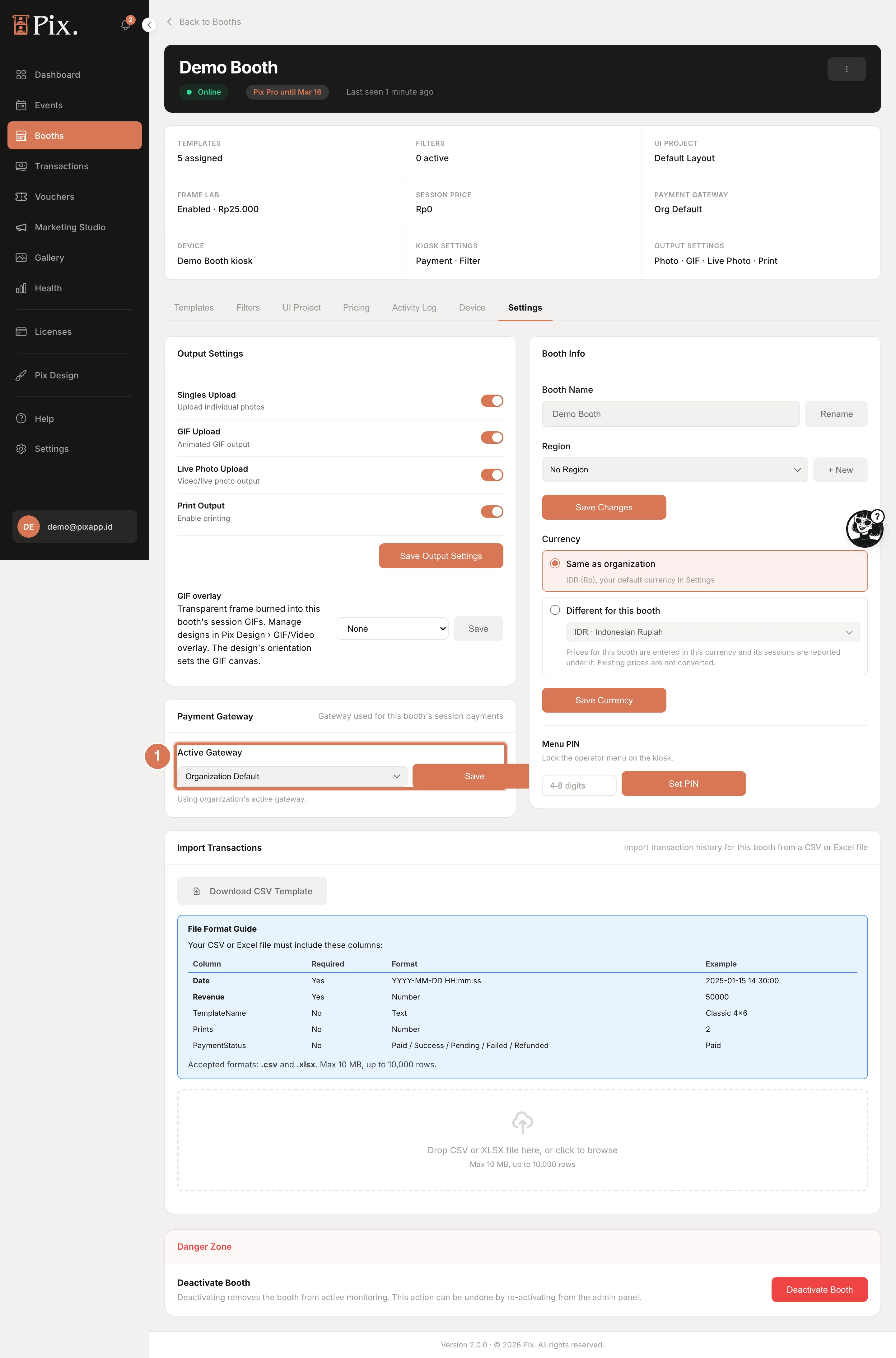 Booth Settings tab with Output Settings, Payment Gateway, Booth Info, Currency and Menu PIN