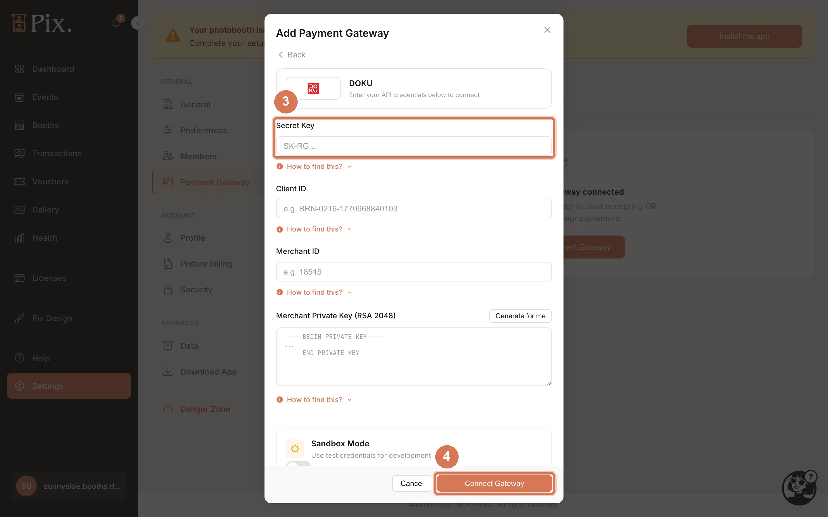 Add Payment Gateway modal, DOKU form with Secret Key, Client ID, Merchant ID, Merchant Private Key and Sandbox Mode