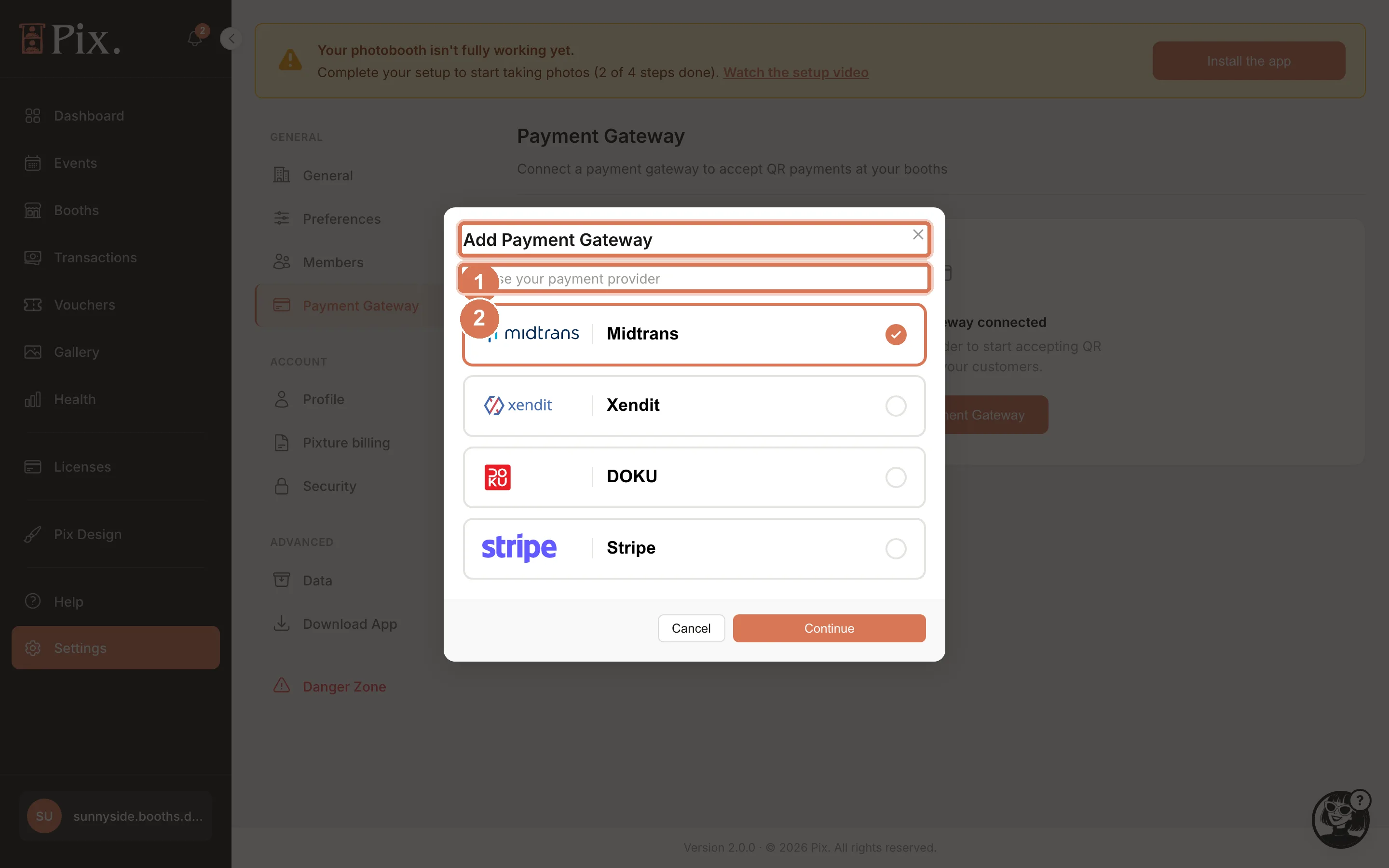 Add Payment Gateway modal, step 1, Choose your payment provider: Midtrans, Xendit, DOKU, Stripe